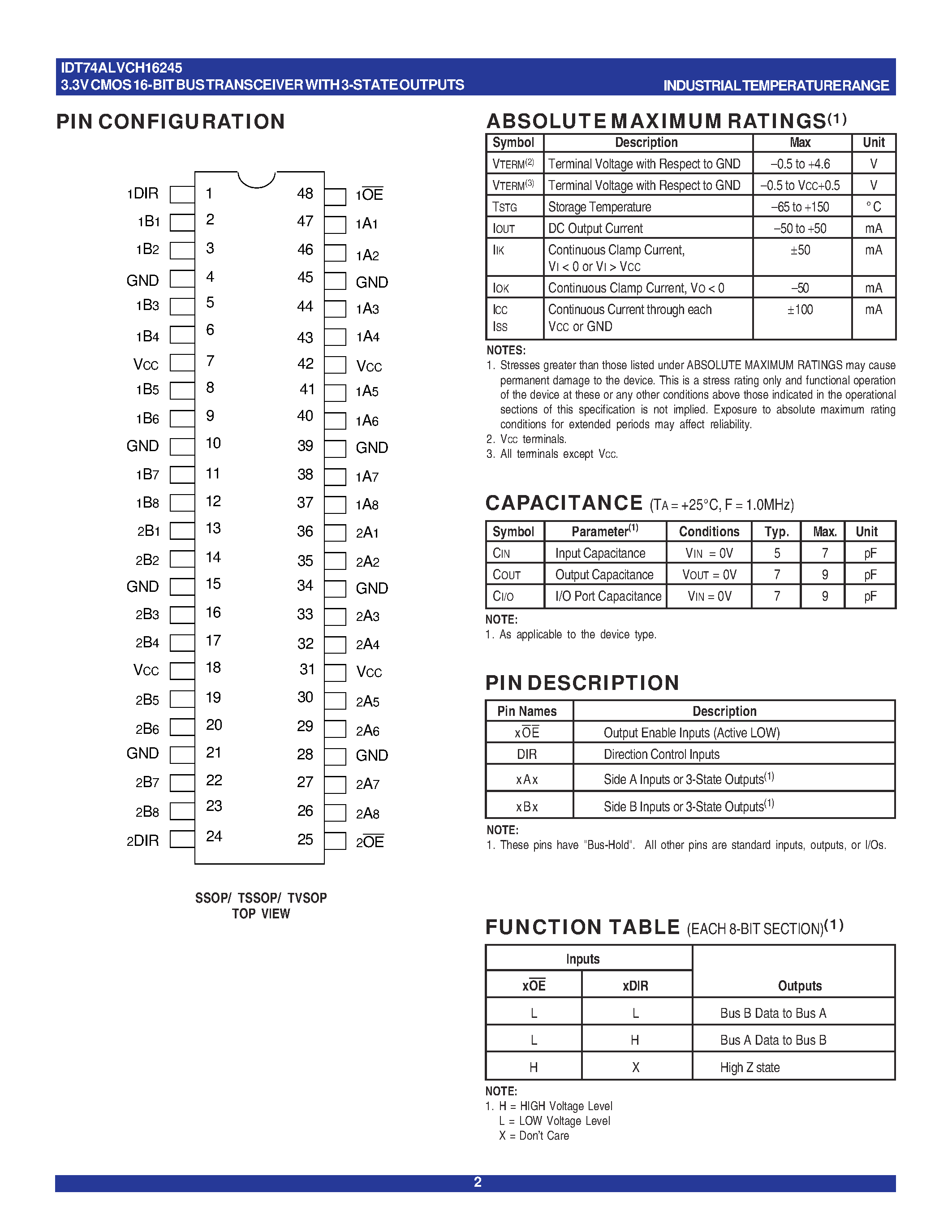 Datasheet IDT74ALVCH16245 - 3.3V CMOS 16-BIT BUS TRANSCEIVER WITH 3-STATE OUTPUTS AND BUS-HOLD page 2