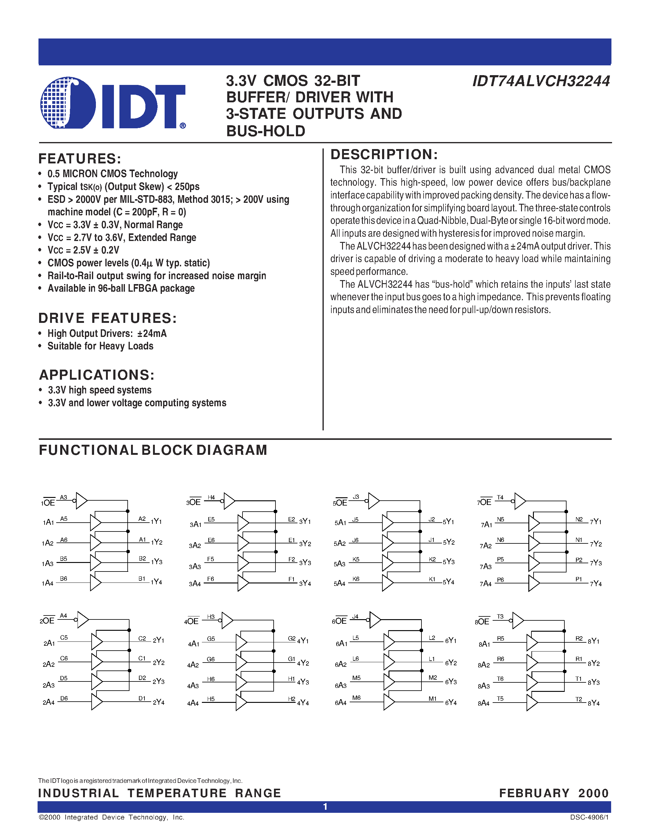 Datasheet IDT74ALVCH32244BF - 3.3V CMOS 32-BIT BUFFER/ DRIVER WITH 3-STATE OUTPUTS AND BUS-HOLD page 1
