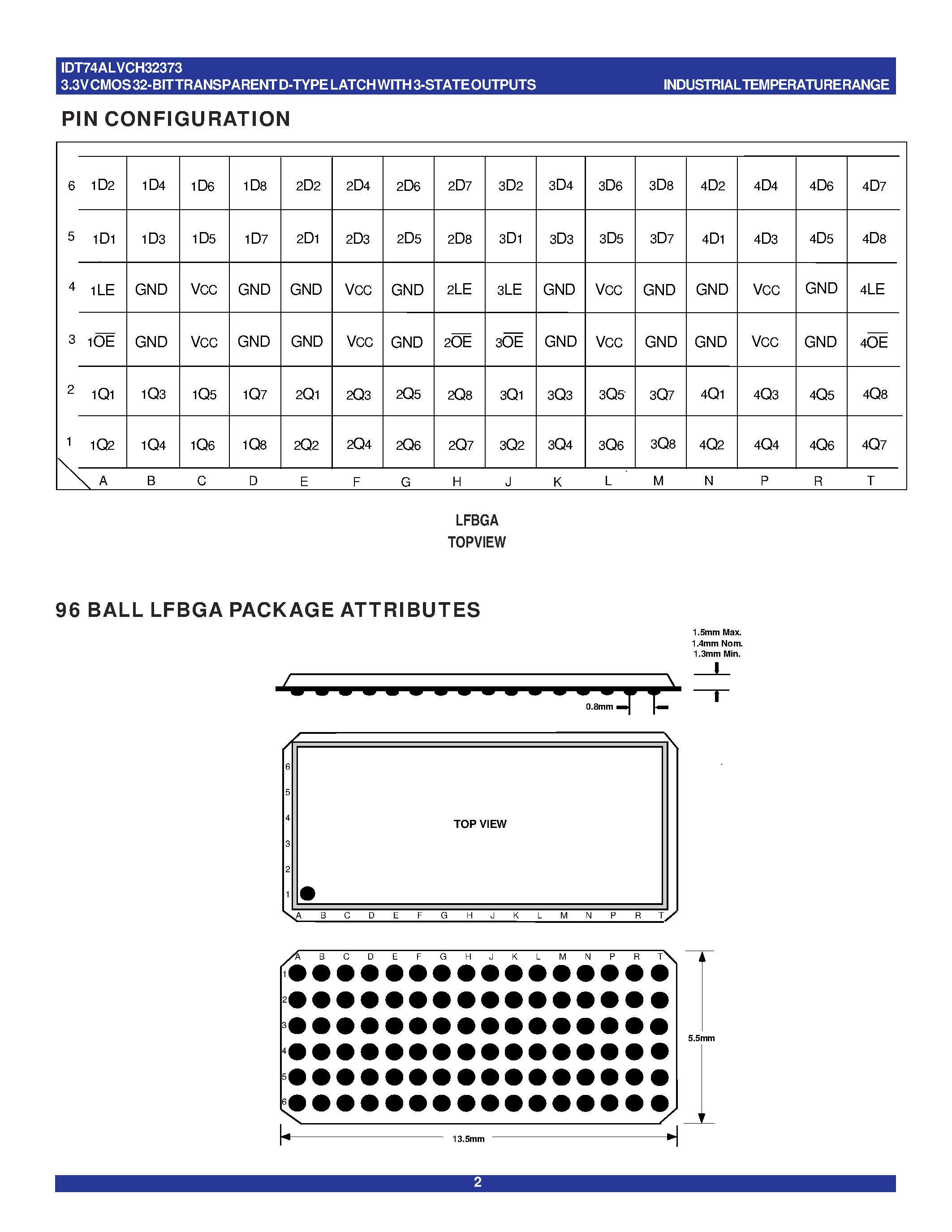 Datasheet IDT74ALVCH32373BF - 3.3V CMOS 32-BIT TRANSPARENT D-TYPE LATCH WITH 3-STATE OUTPUTS AND BUS-HOLD page 2