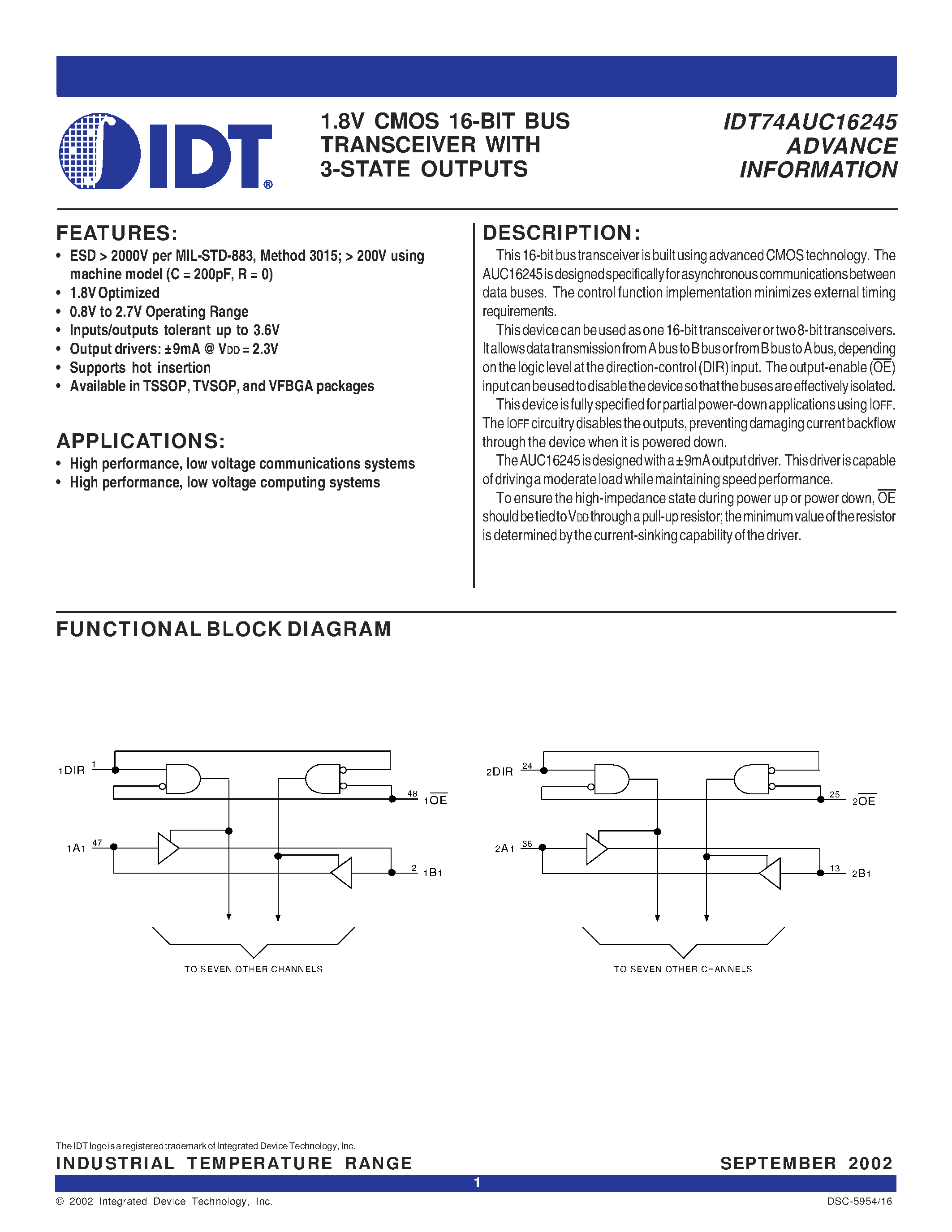 Datasheet IDT74AUC16245 - 1.8V CMOS 16-BIT BUS TRANSCEIVER WITH 3-STATE OUTPUTS page 1