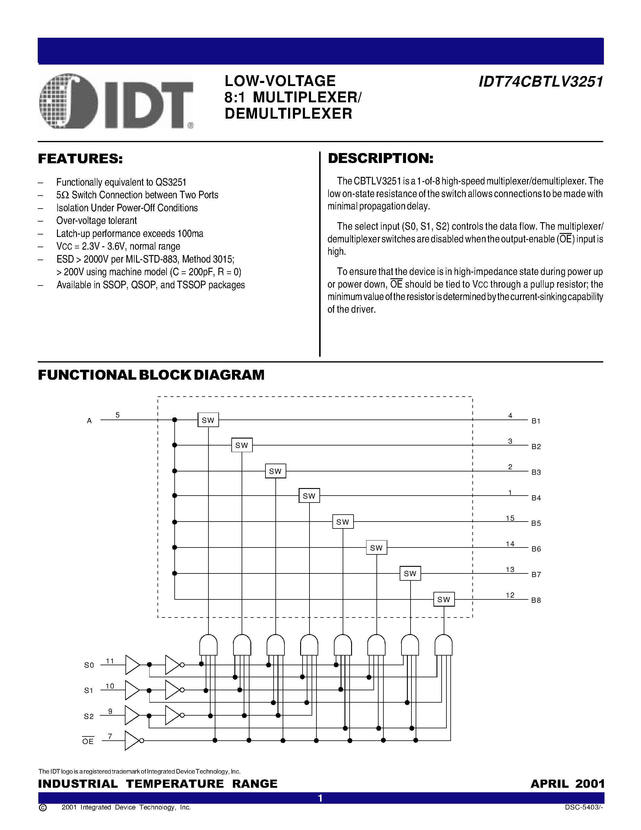Даташит на микросхему IDT74CBTLV3251 страница 1 Даташит IDT74CBTLV3251 - LOW-VOLTAGE 8:1 MULTIPLEXER/ DEMULTIPLEXER страница 1