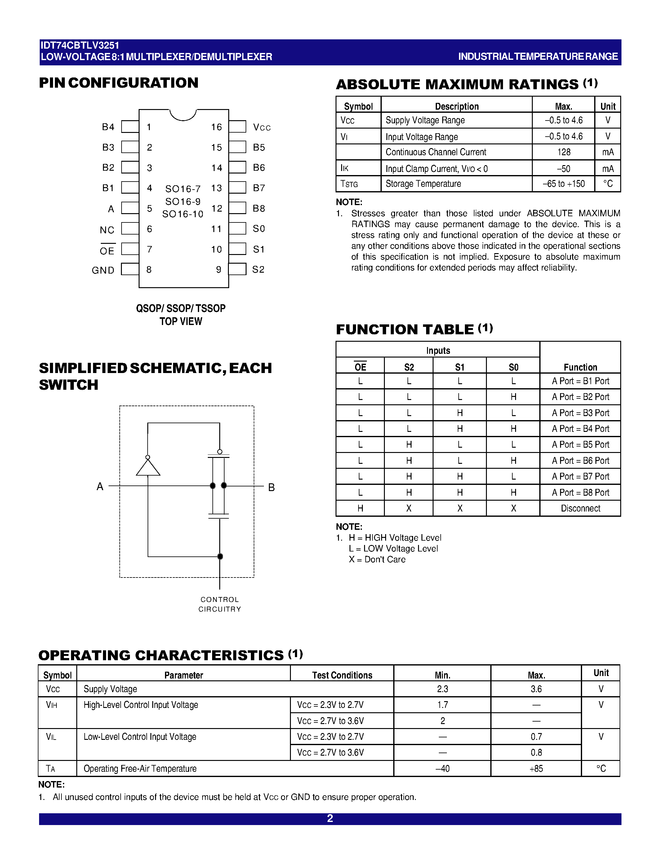 Даташит на микросхему IDT74CBTLV3251 страница 2 Даташит IDT74CBTLV3251 - LOW-VOLTAGE 8:1 MULTIPLEXER/ DEMULTIPLEXER страница 2