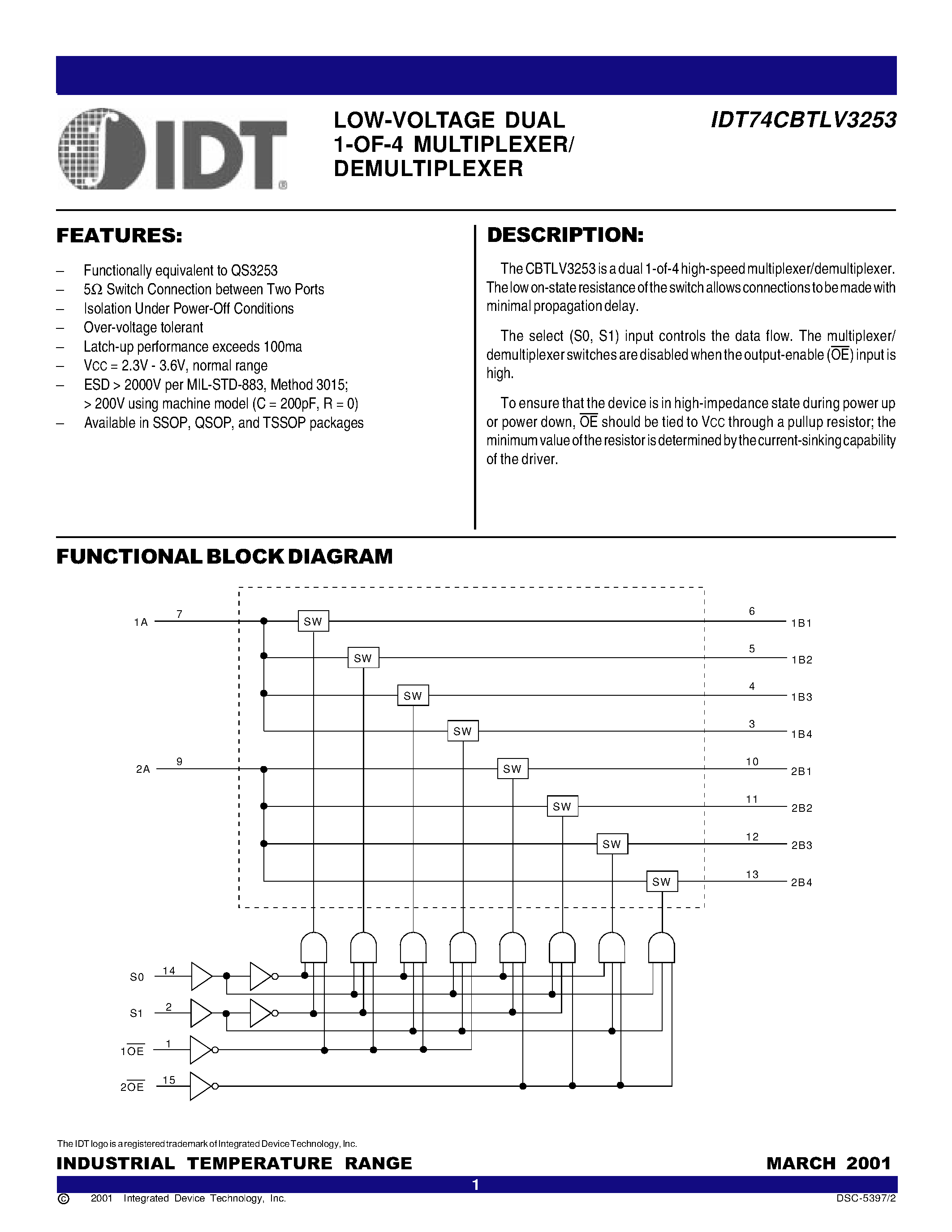 Даташит IDT74CBTLV3253 - LOW-VOLTAGE DUAL 1-OF-4 MULTIPLEXER/ DEMULTIPLEXER страница 1
