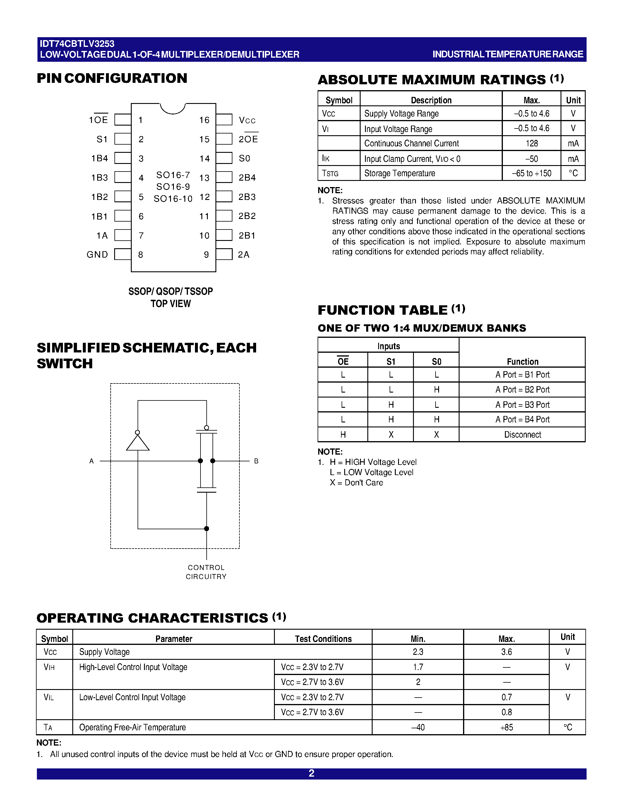 Даташит IDT74CBTLV3253 - LOW-VOLTAGE DUAL 1-OF-4 MULTIPLEXER/ DEMULTIPLEXER страница 2