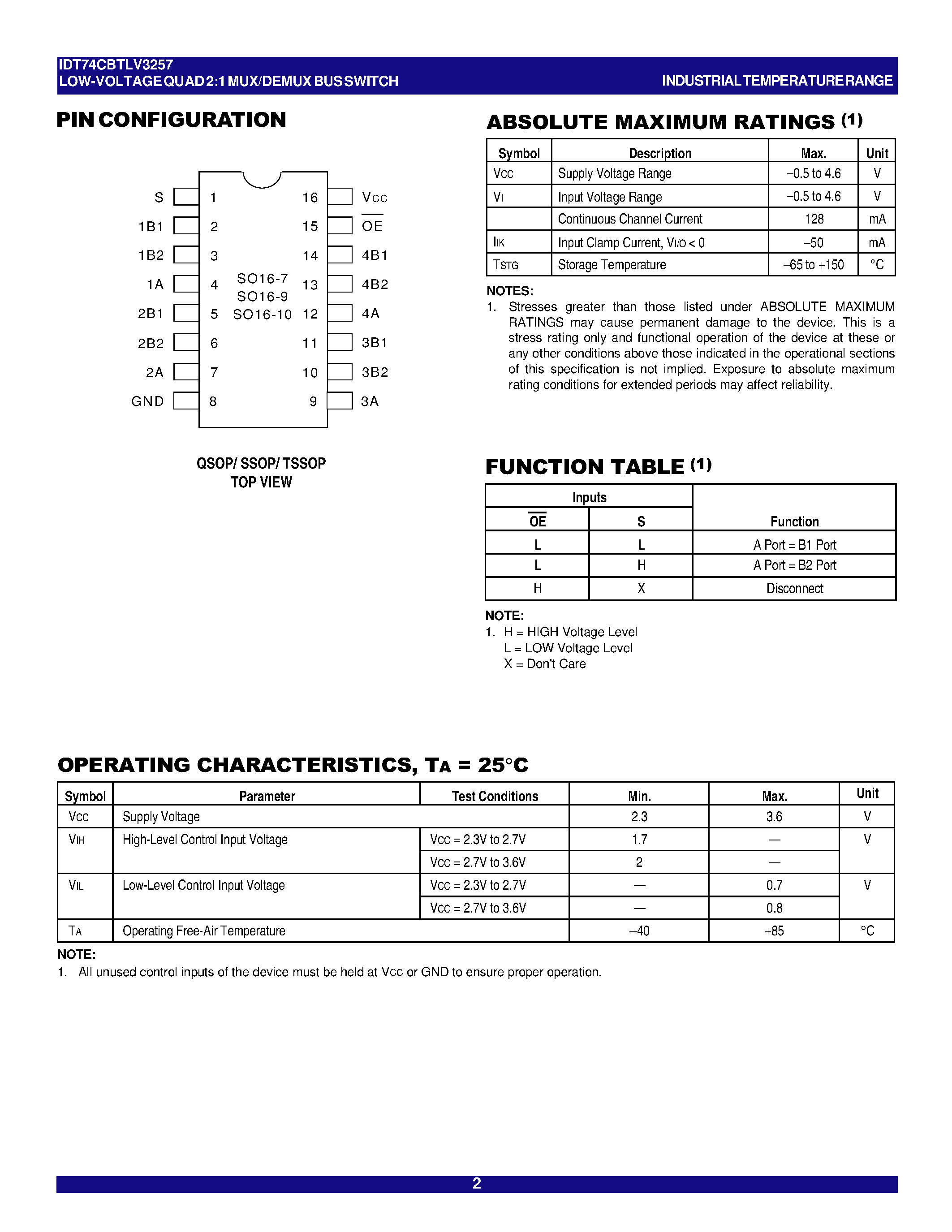 Datasheet IDT74CBTLV3257 page 2 Datasheet IDT74CBTLV3257 - LOW-VOLTAGE QUAD 2:1MUX/DEMUX BUS SWITCH page 2