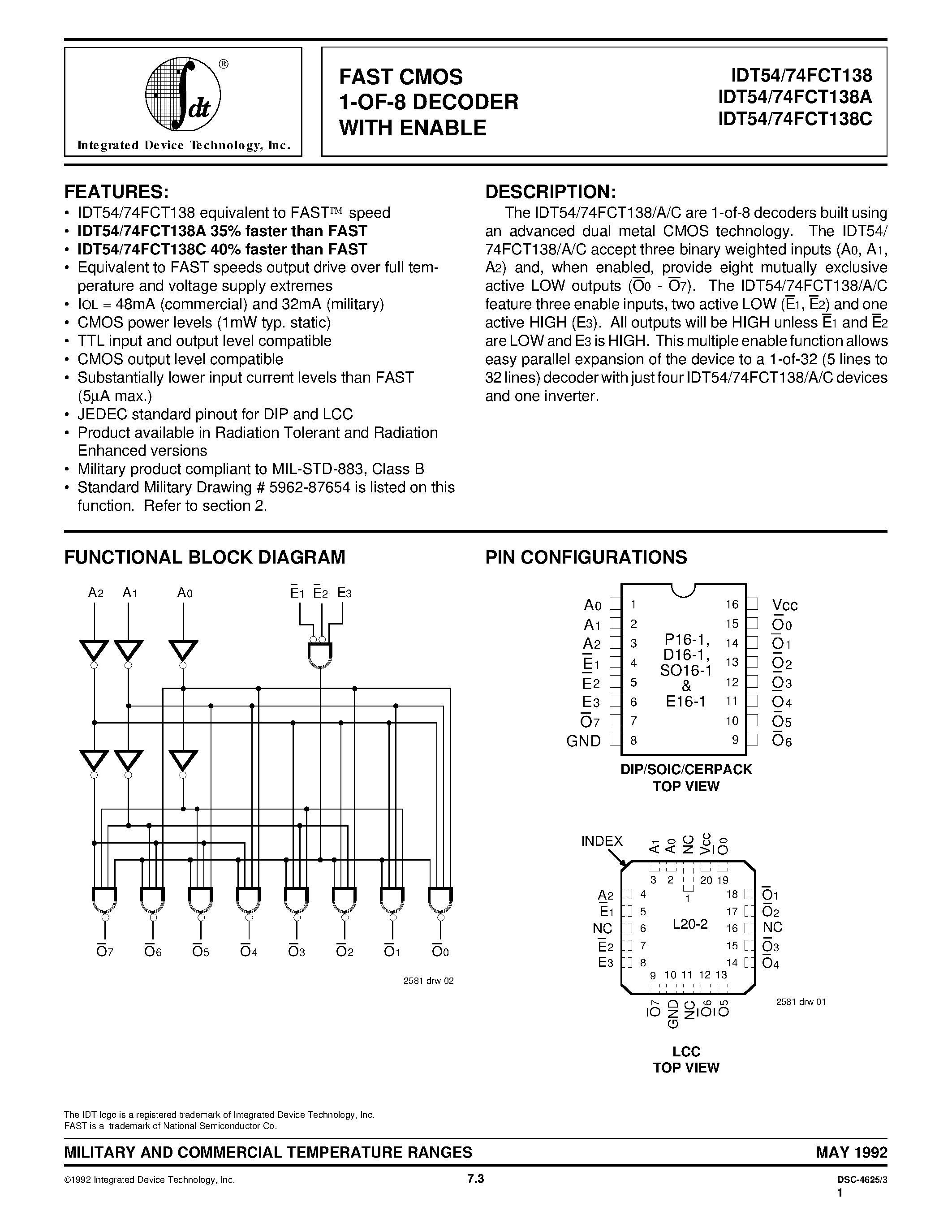 Даташит на микросхему IDT74FCT138D страница 1 Даташит IDT74FCT138D - FAST CMOS 1-OF-8 DECODER WITH ENABLE страница 1