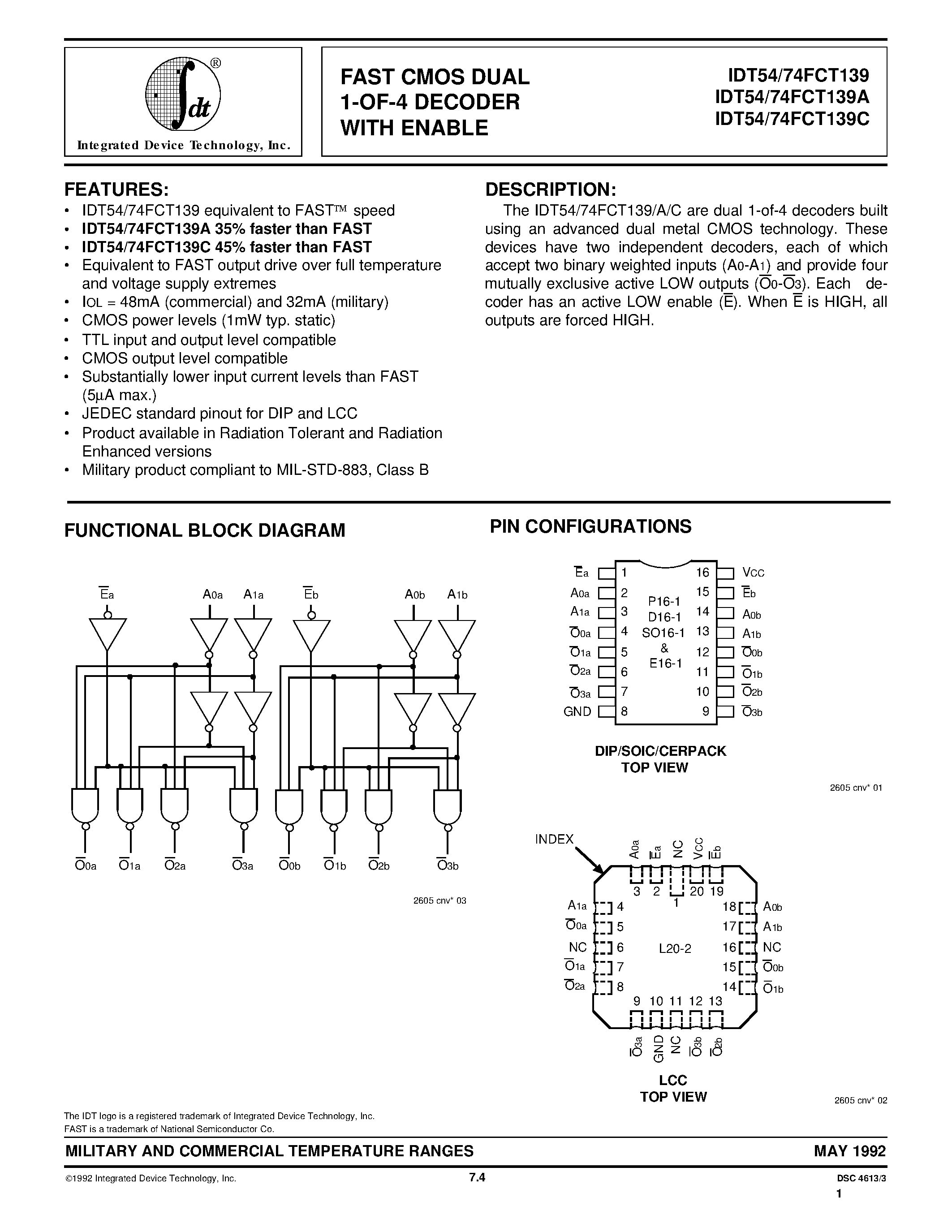 Даташит IDT74FCT139D - FAST CMOS DUAL 1-OF-4 DECODER WITH ENABLE страница 1
