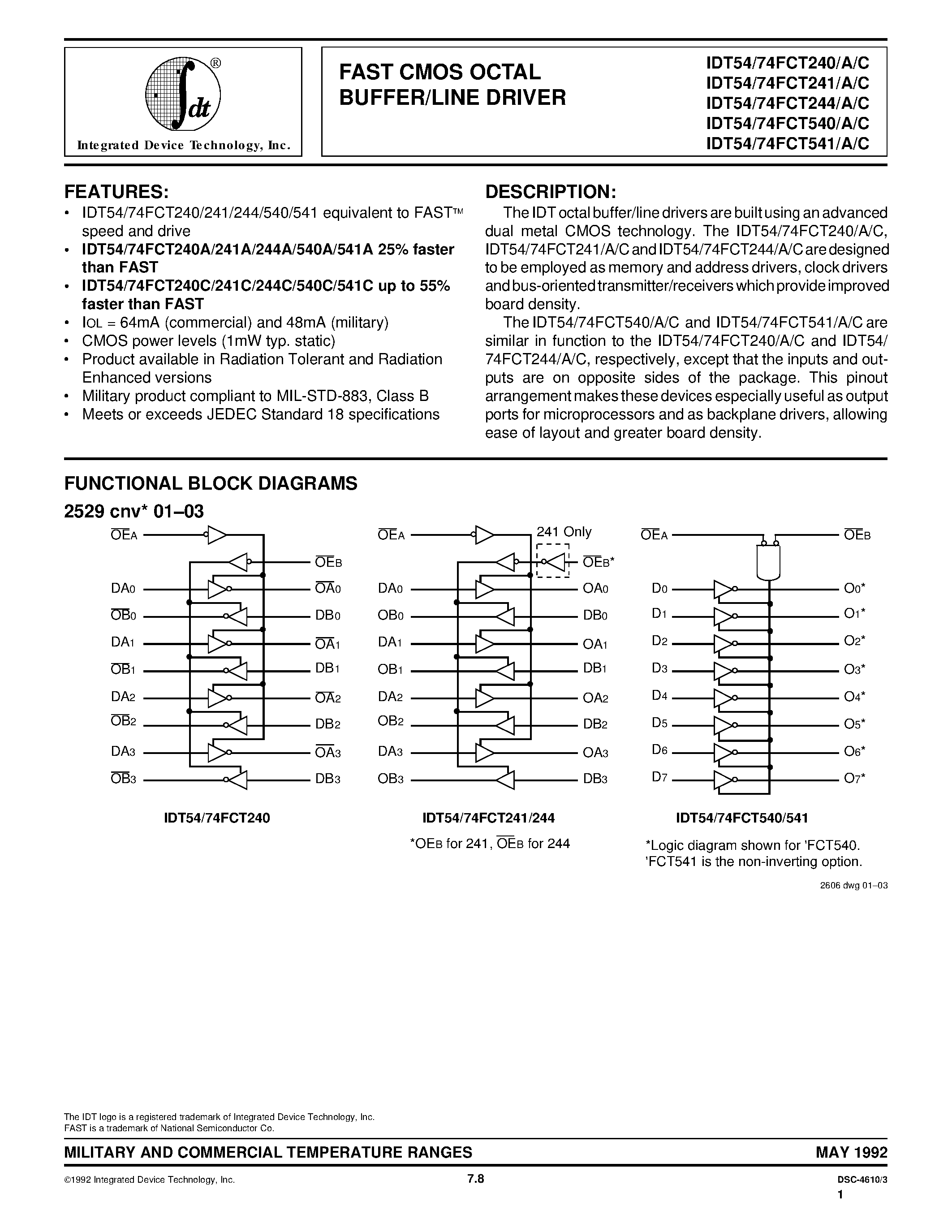 Datasheet IDT74FCT244DB - 3.3V CMOS OCTAL BUFFER/LINE DRIVER page 1