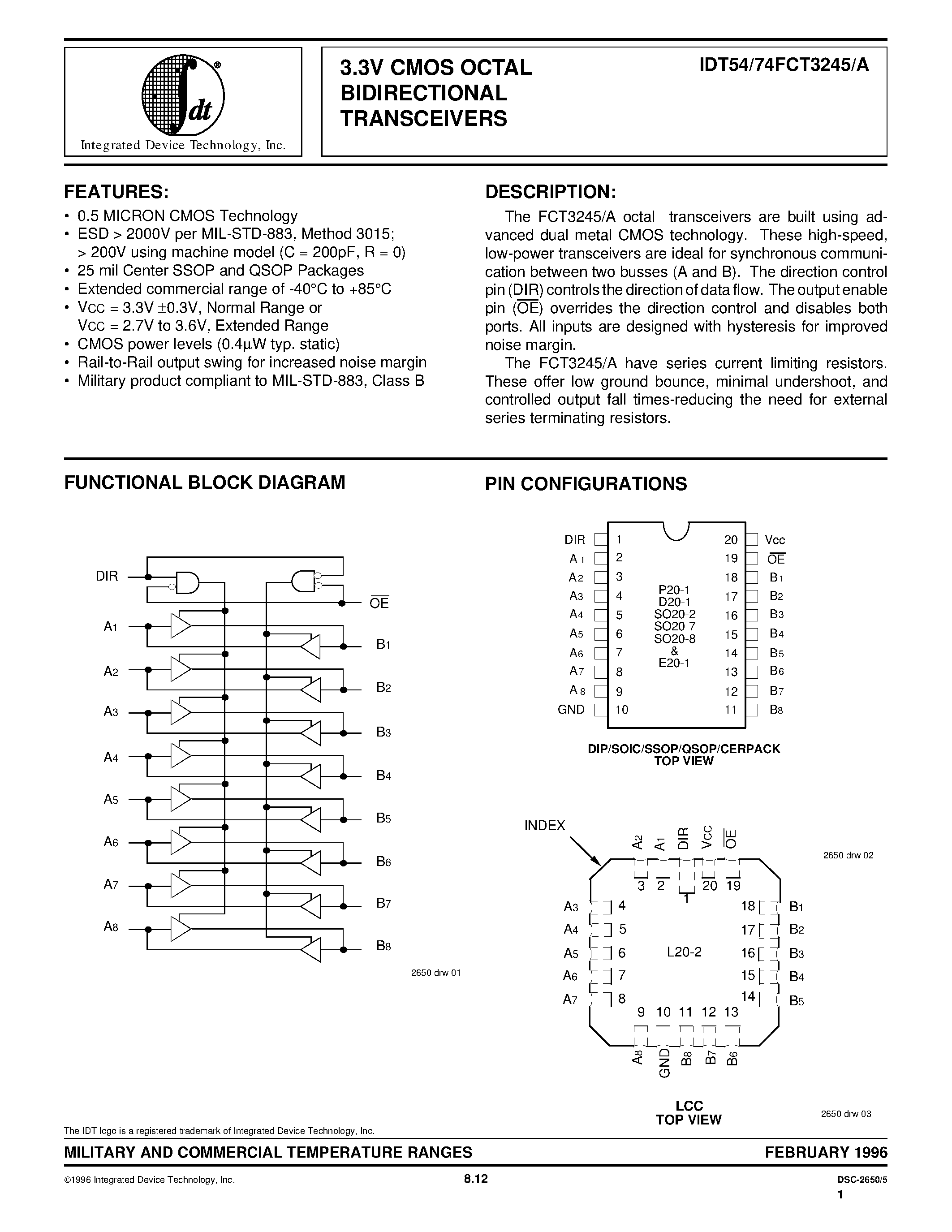 Datasheet IDT74FCT245Q - 3.3V CMOS OCTAL BIDIRECTIONAL TRANSCEIVERS page 1