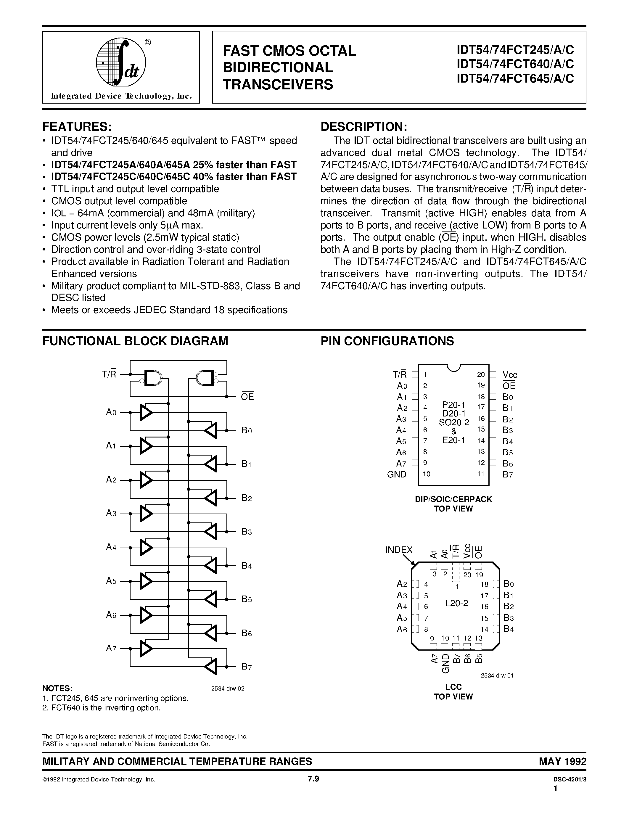Datasheet IDT74FCT245SOB - 3.3V CMOS OCTAL BIDIRECTIONAL TRANSCEIVERS page 1