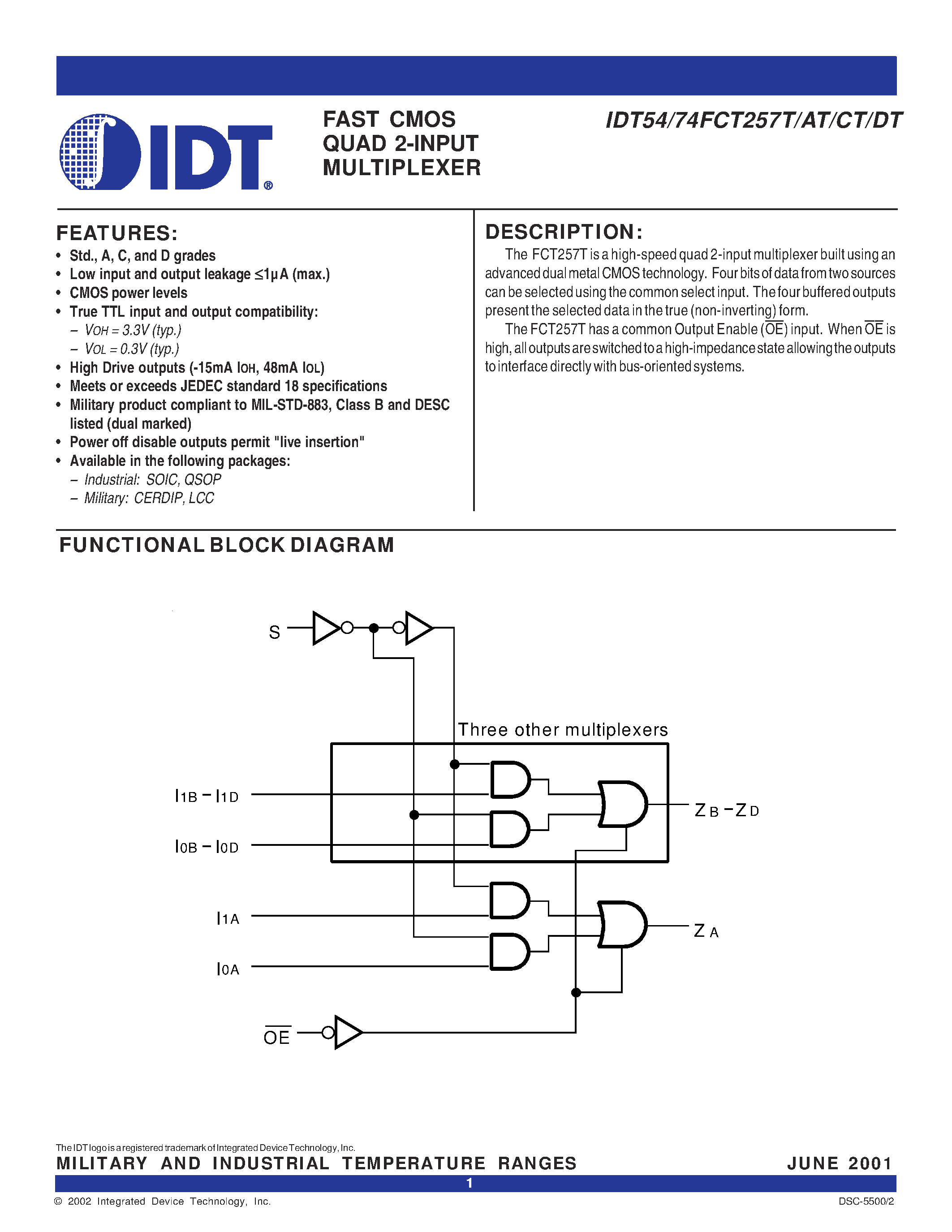 Даташит на микросхему IDT74FCT257ATLSO страница 1 Даташит IDT74FCT257ATLSO - FAST CMOS QUAD 2-INPUT MULTIPLEXER страница 1