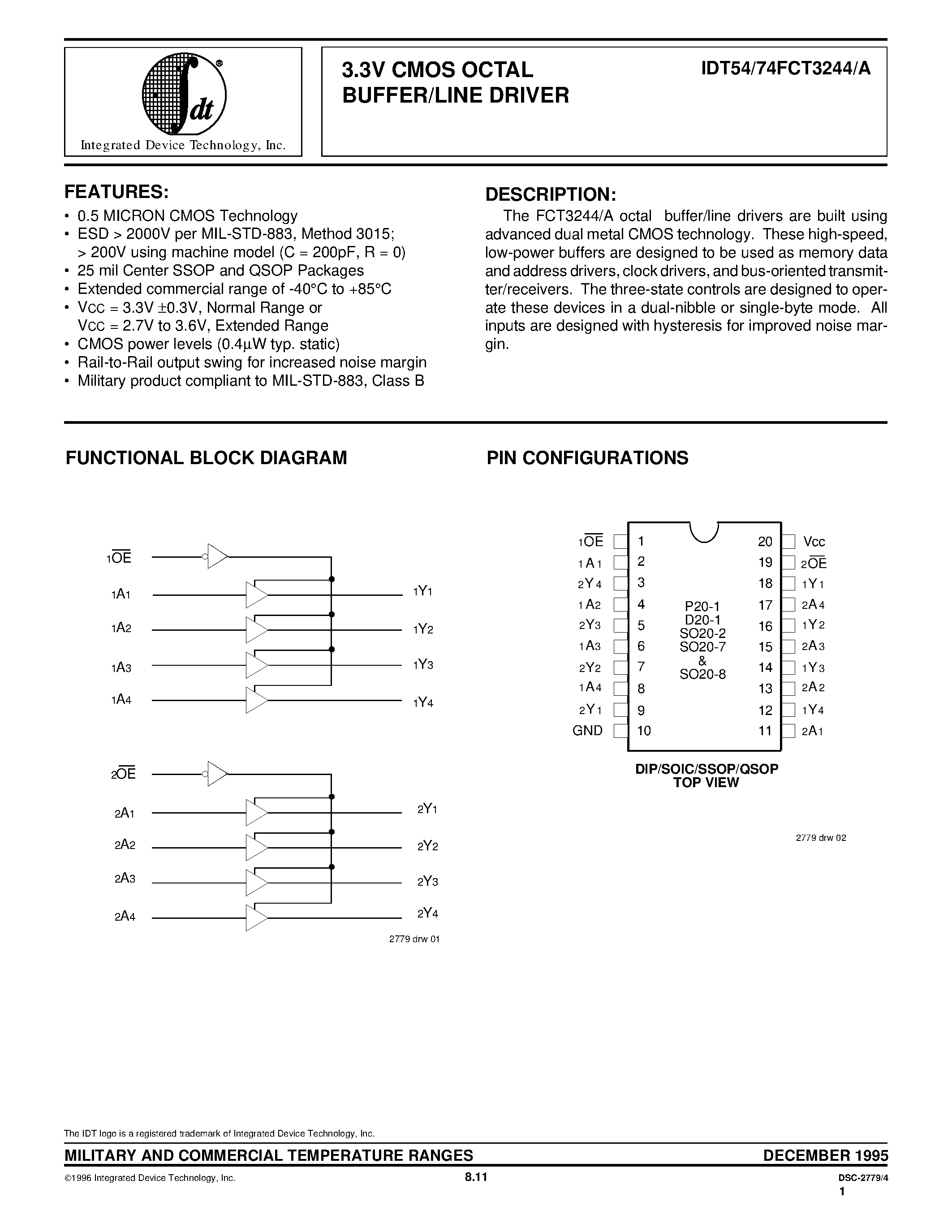 Datasheet IDT74FCT3244 - 3.3V CMOS OCTAL BUFFER/LINE DRIVER page 1