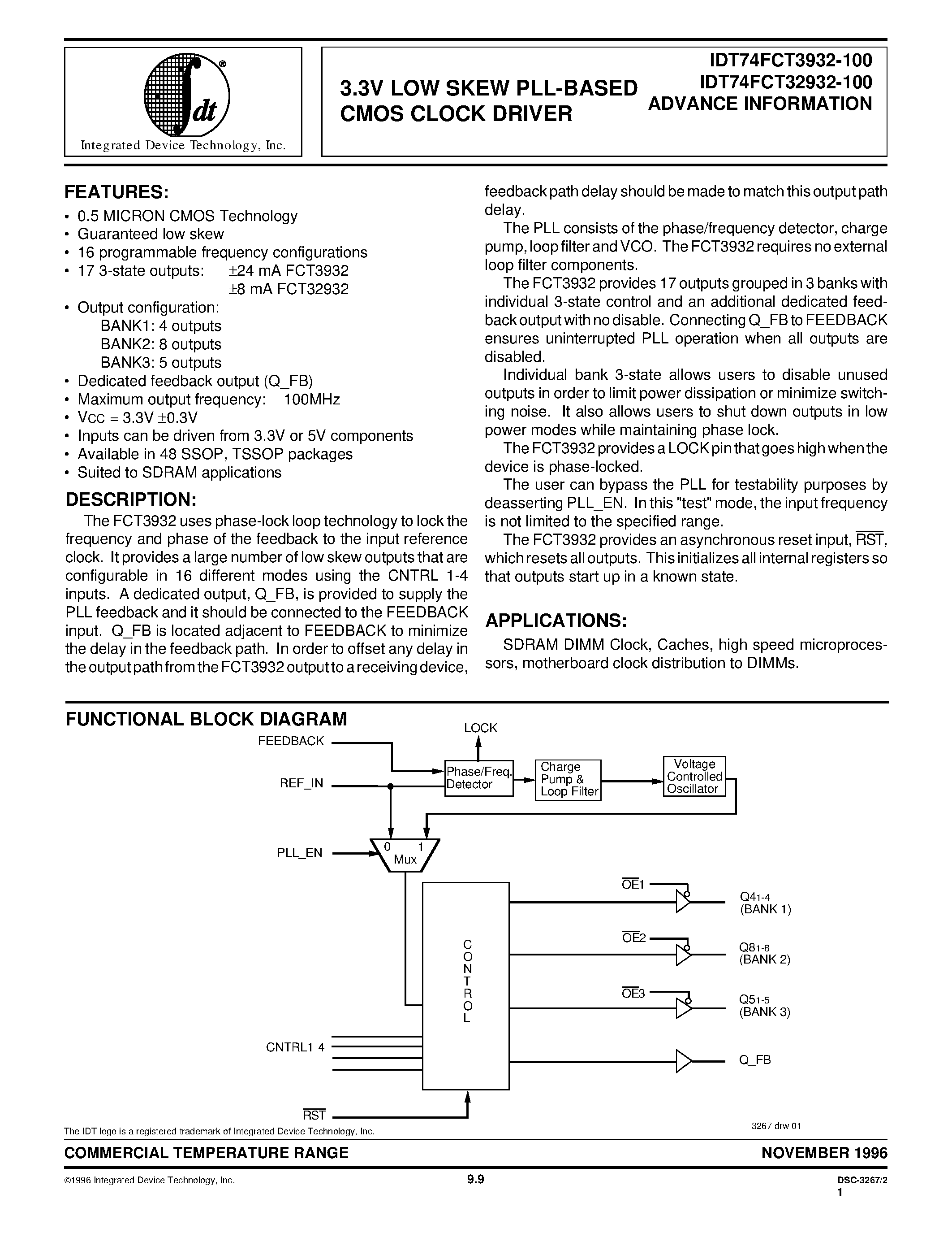 Datasheet IDT74FCT32932-100 - 3.3V LOW SKEW PLL-BASED CMOS CLOCK DRIVER page 1