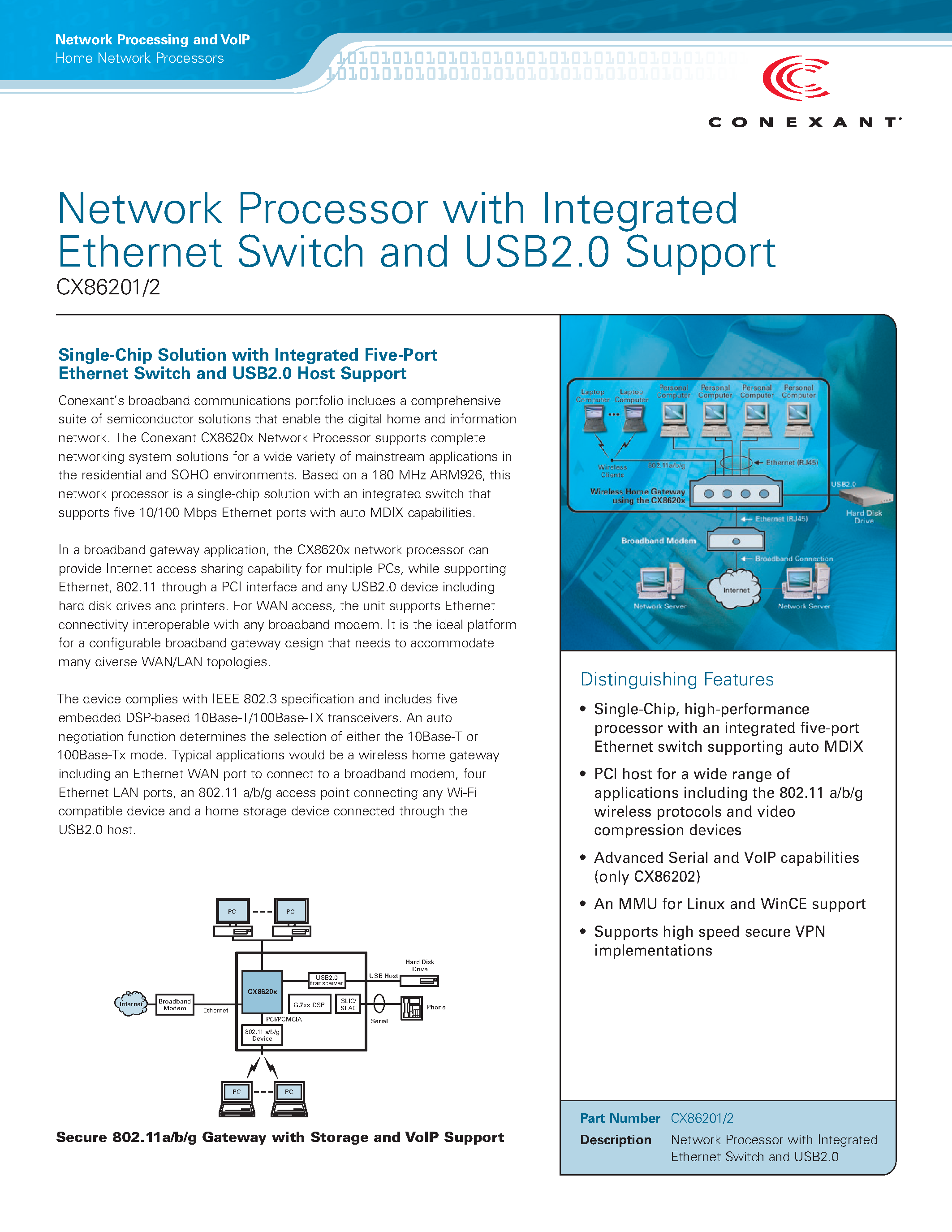 Datasheet CX86202 page 1 Datasheet CX86202 - Network Processor with Integrated Ethernet Switch and USB 2.0 Support page 1