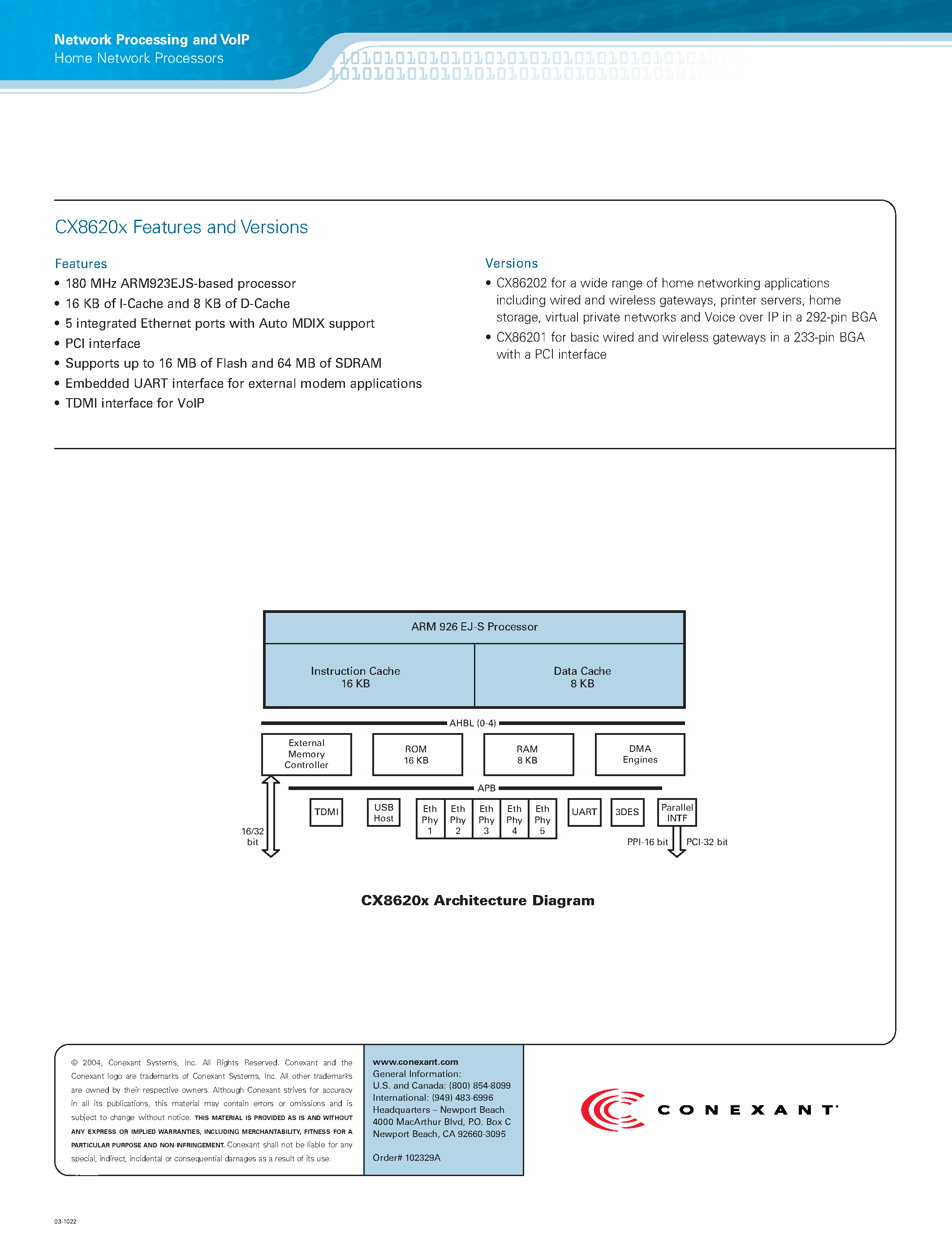 Datasheet CX86202 page 2 Datasheet CX86202 - Network Processor with Integrated Ethernet Switch and USB 2.0 Support page 2