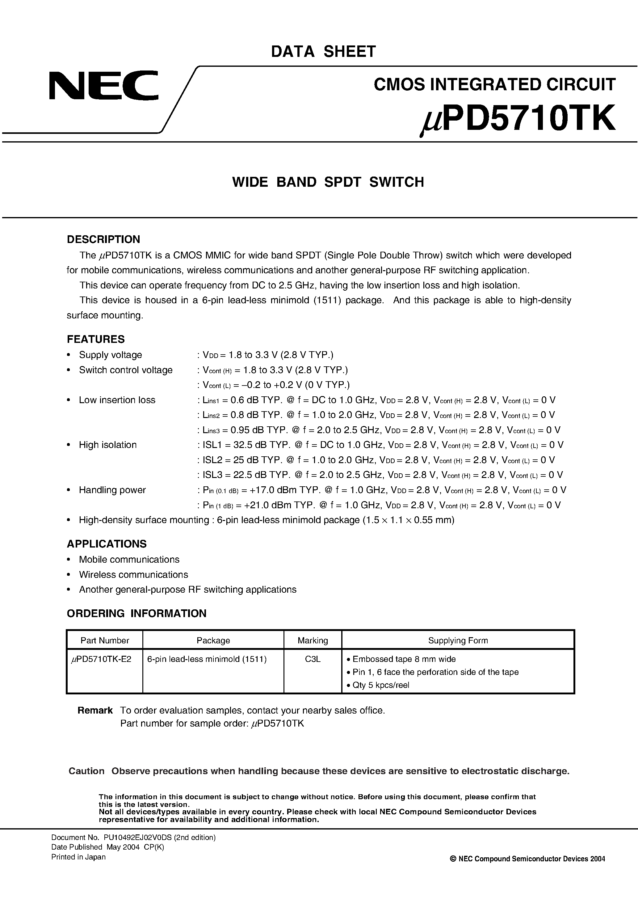 Datasheet UPD5701 - WIDE BAND SPDT SWITCH page 1