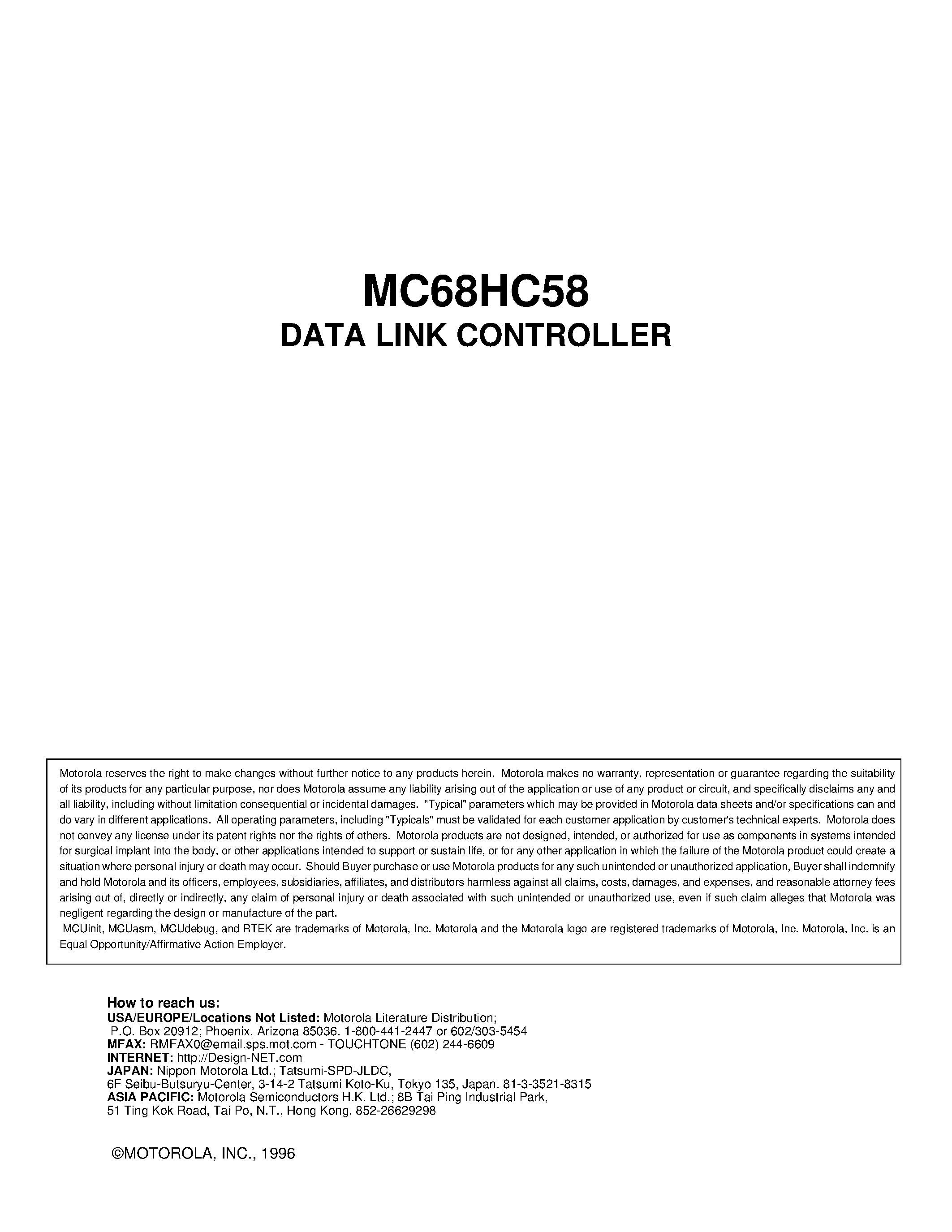 Даташит на микросхему MC68HC58 страница 1 Даташит MC68HC58 - Data Link Controller страница 1