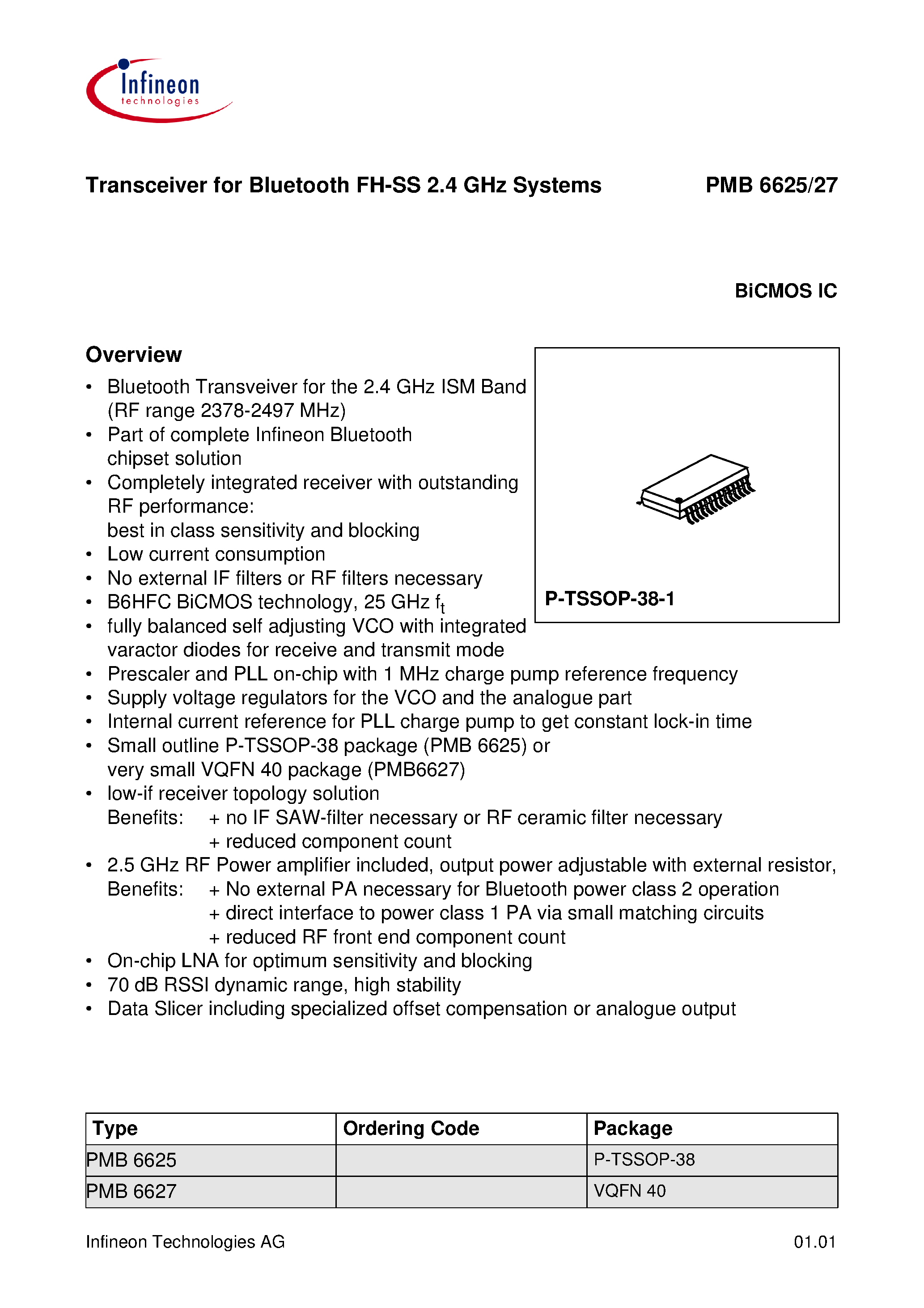 Datasheet PMB662x - Transceiver for Bluetooth FH-SS 2.4 Ghz Systems page 1