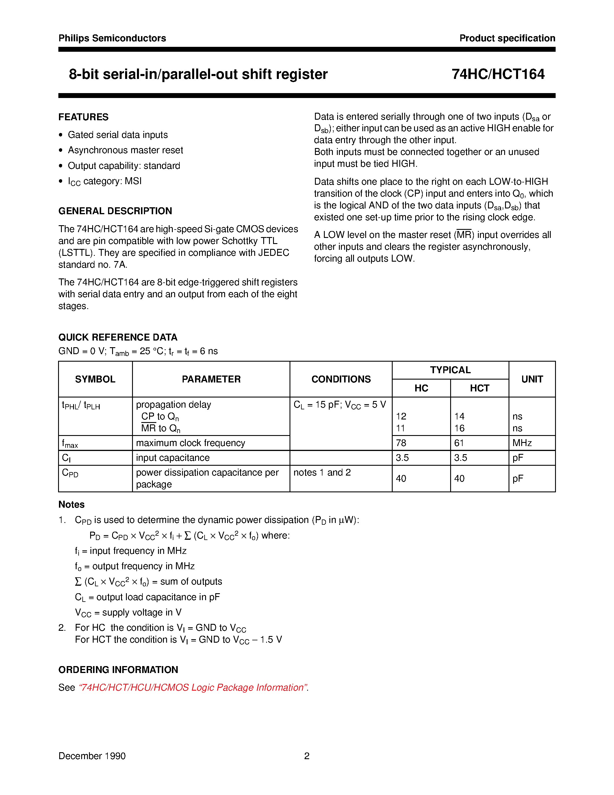 Datasheet 74HCT164 - 8-bit serial-in/parallel-out shift register page 2