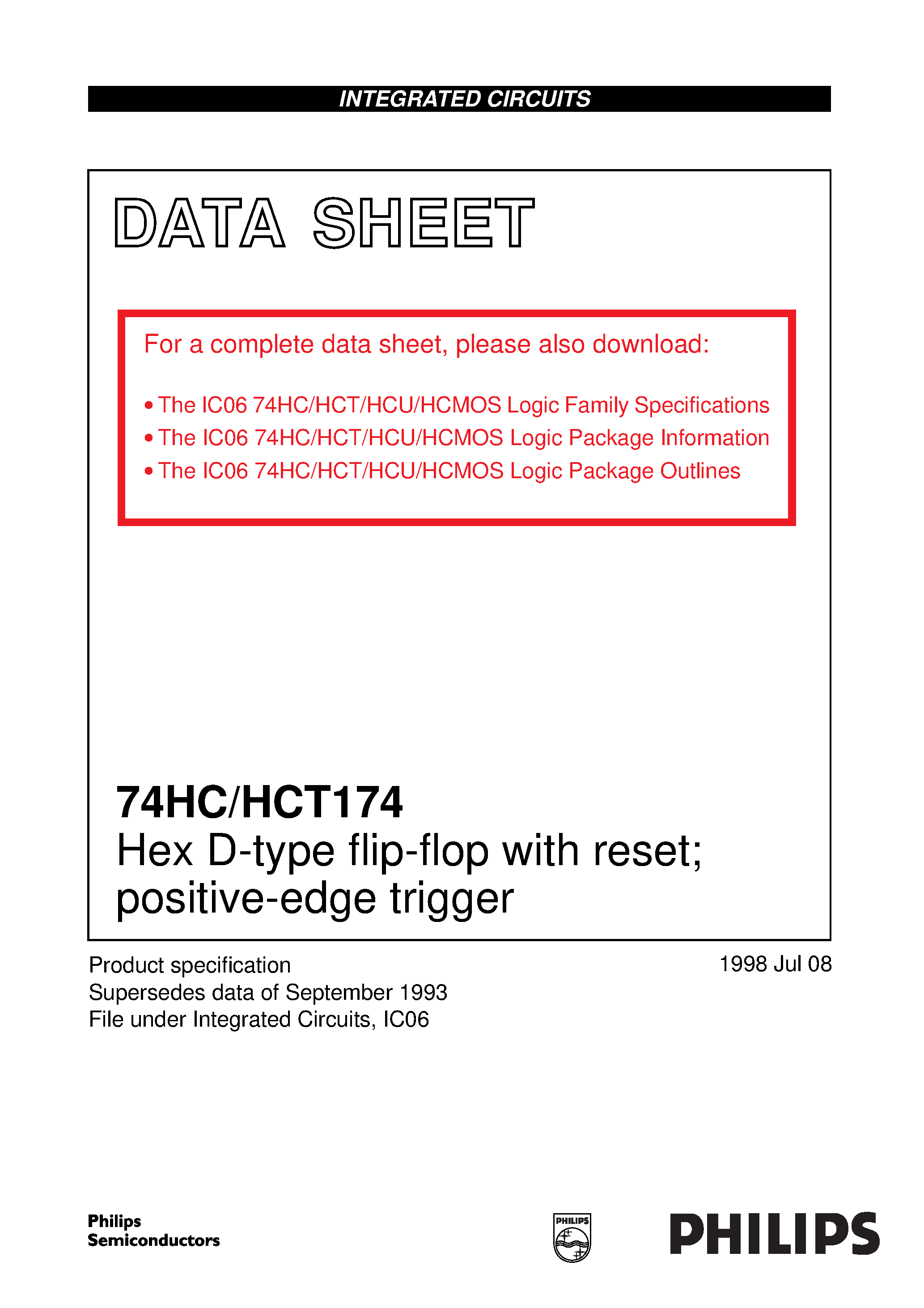 Даташит 74HCT174D - Hex D-type flip-flop with reset; positive-edge trigger страница 1