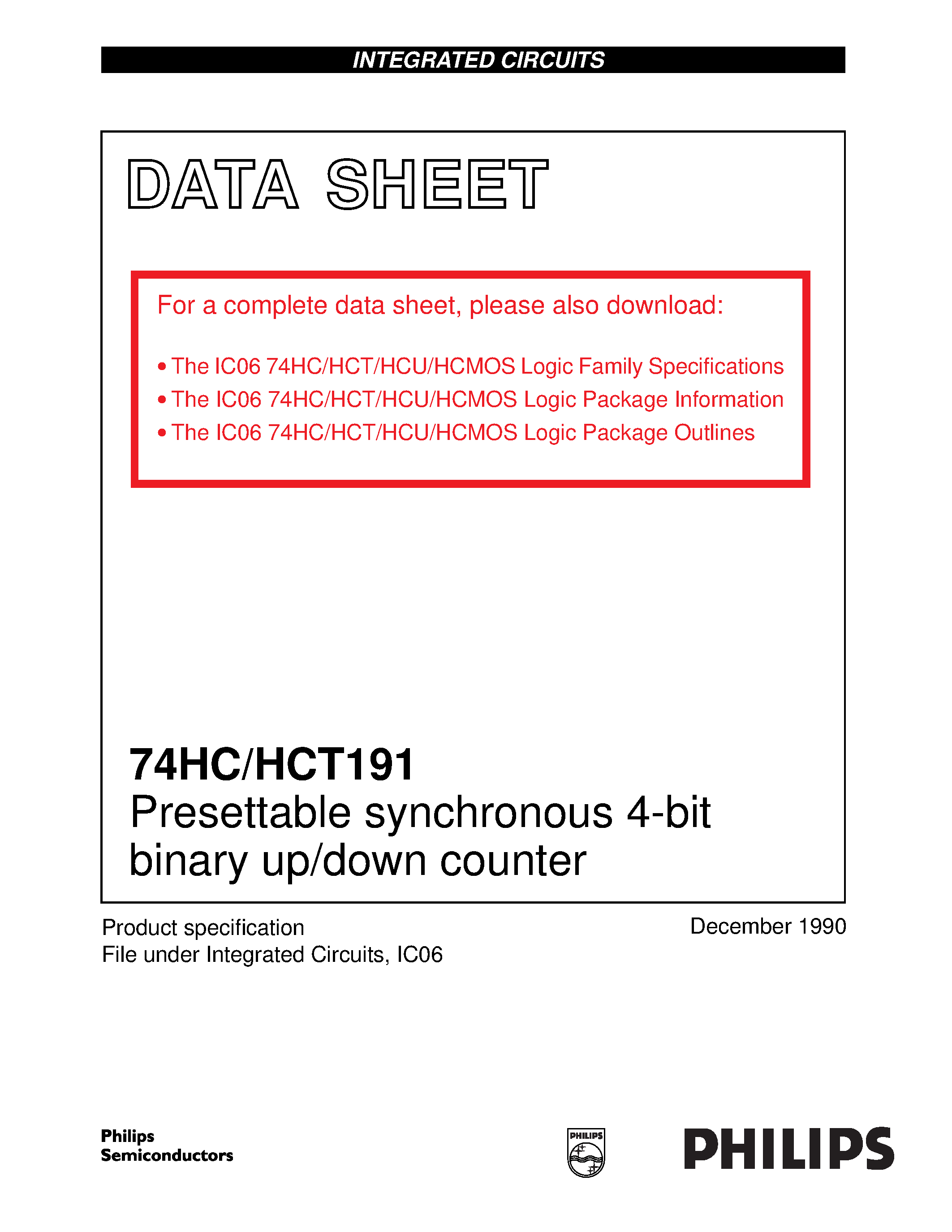 Datasheet 74HCT191 page 1 Datasheet 74HCT191 - Presettable synchronous 4-bit binary up/down counter page 1