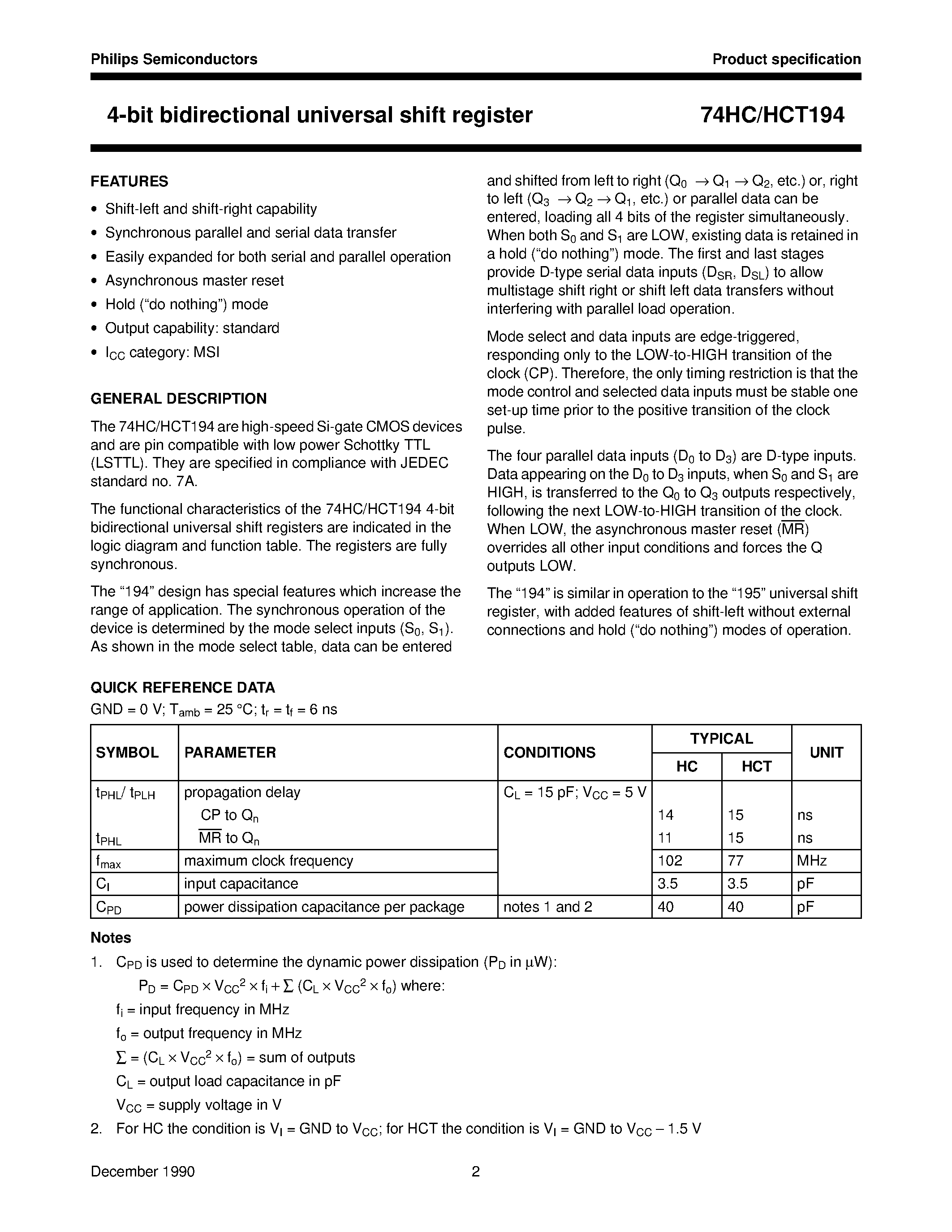 Datasheet 74HCT194 page 2 Datasheet 74HCT194 - 4-bit bidirectional universal shift register page 2