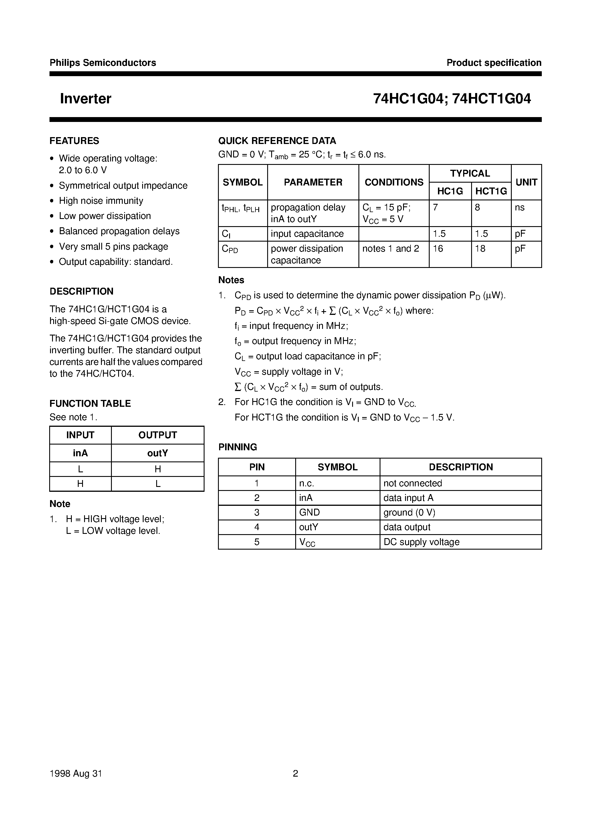 Datasheet 74HCT1G04 page 2 Datasheet 74HCT1G04 - Inverter page 2