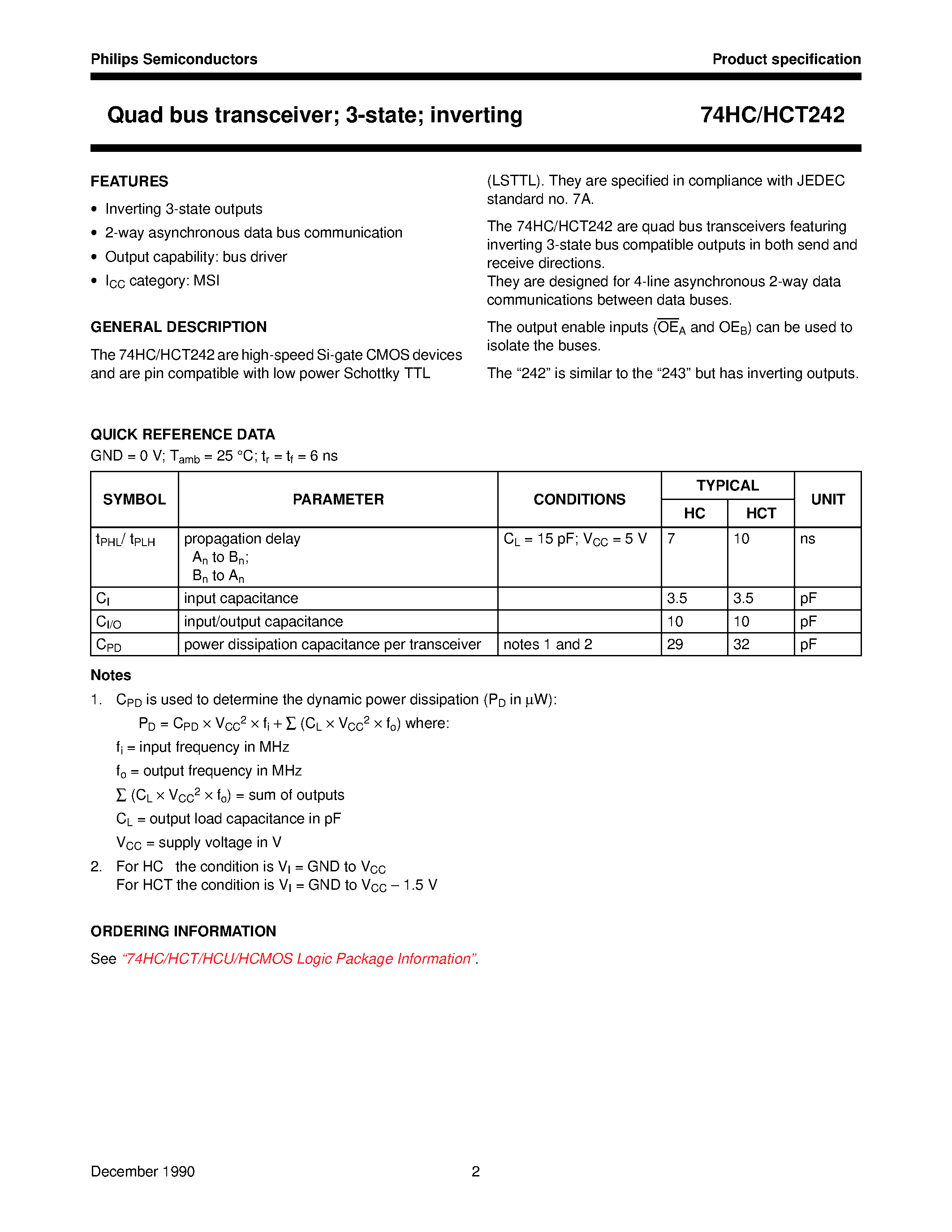Datasheet 74HCT242 page 2 Datasheet 74HCT242 - Quad bus transceiver; 3-state; inverting page 2