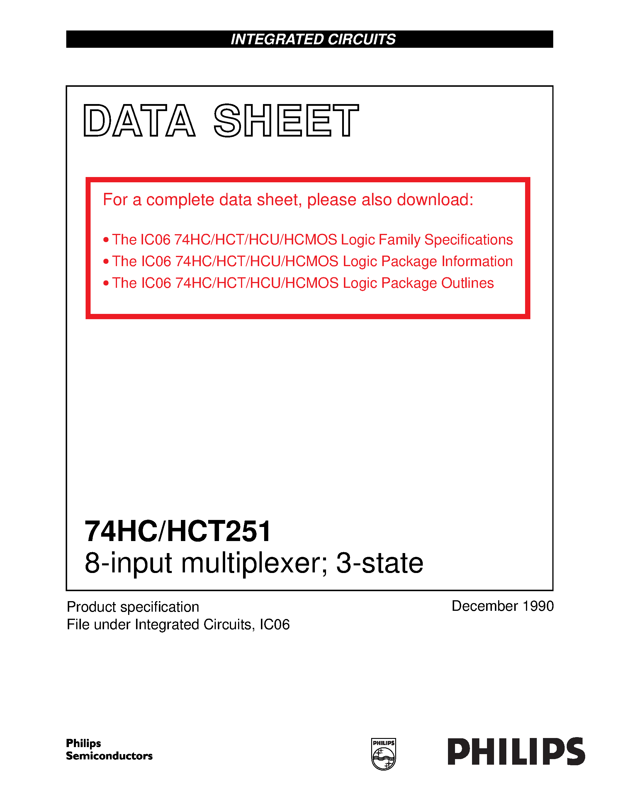 Datasheet 74HCT251 page 1 Datasheet 74HCT251 - 8-input multiplexer; 3-state page 1