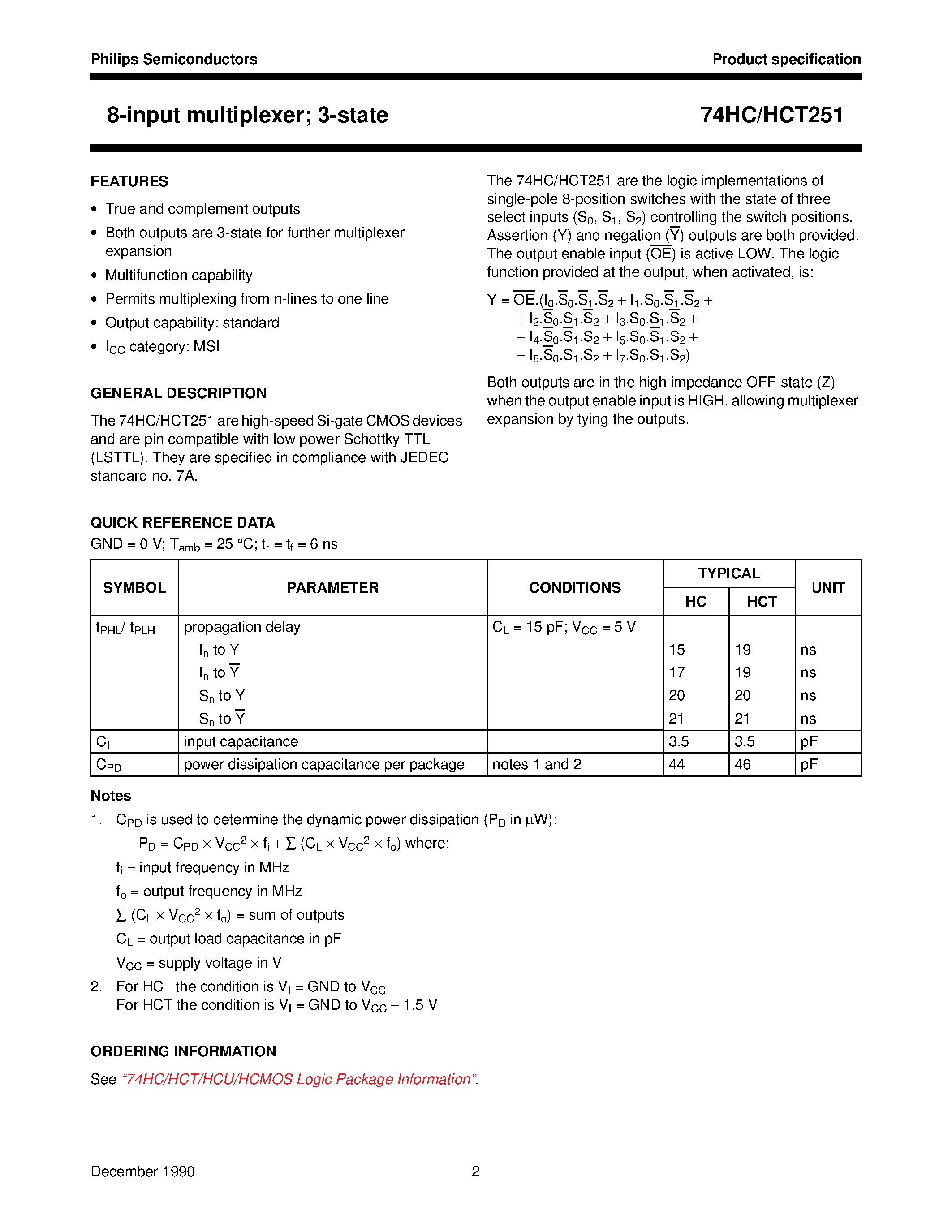 Datasheet 74HCT251 page 2 Datasheet 74HCT251 - 8-input multiplexer; 3-state page 2