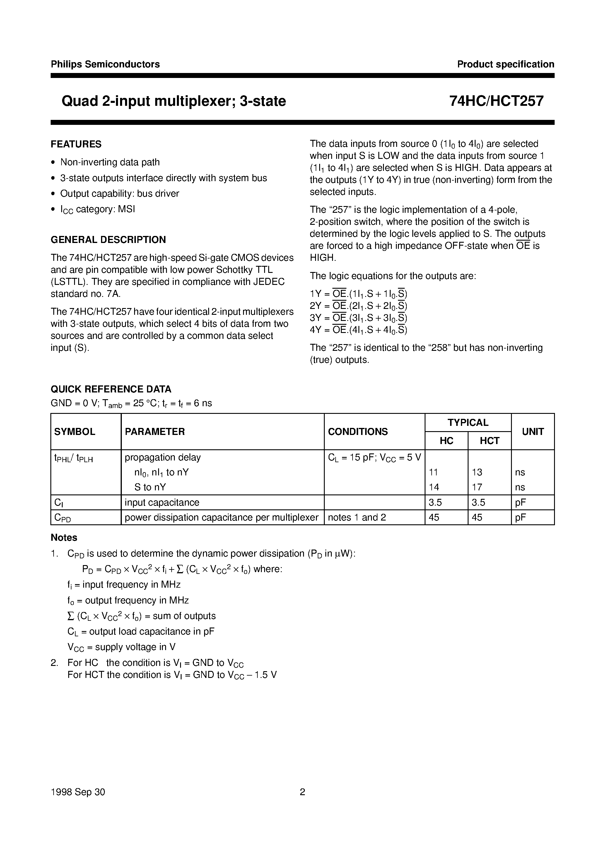 Datasheet 74HCT257PW page 2 Datasheet 74HCT257PW - Quad 2-input multiplexer 3-state page 2