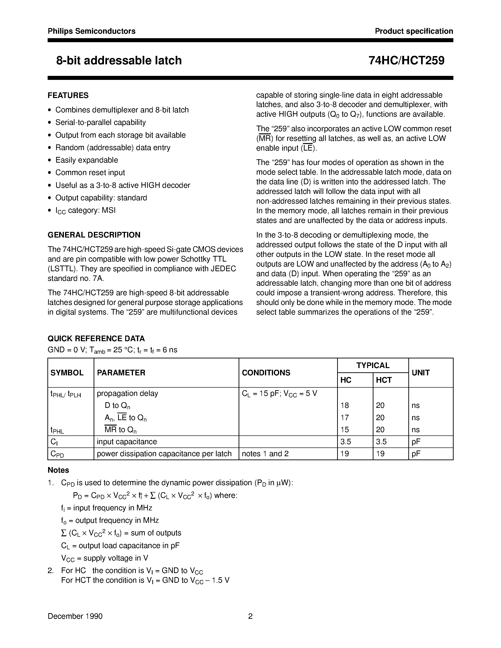 Datasheet 74HCT259 page 2 Datasheet 74HCT259 - 8-bit addressable latch page 2
