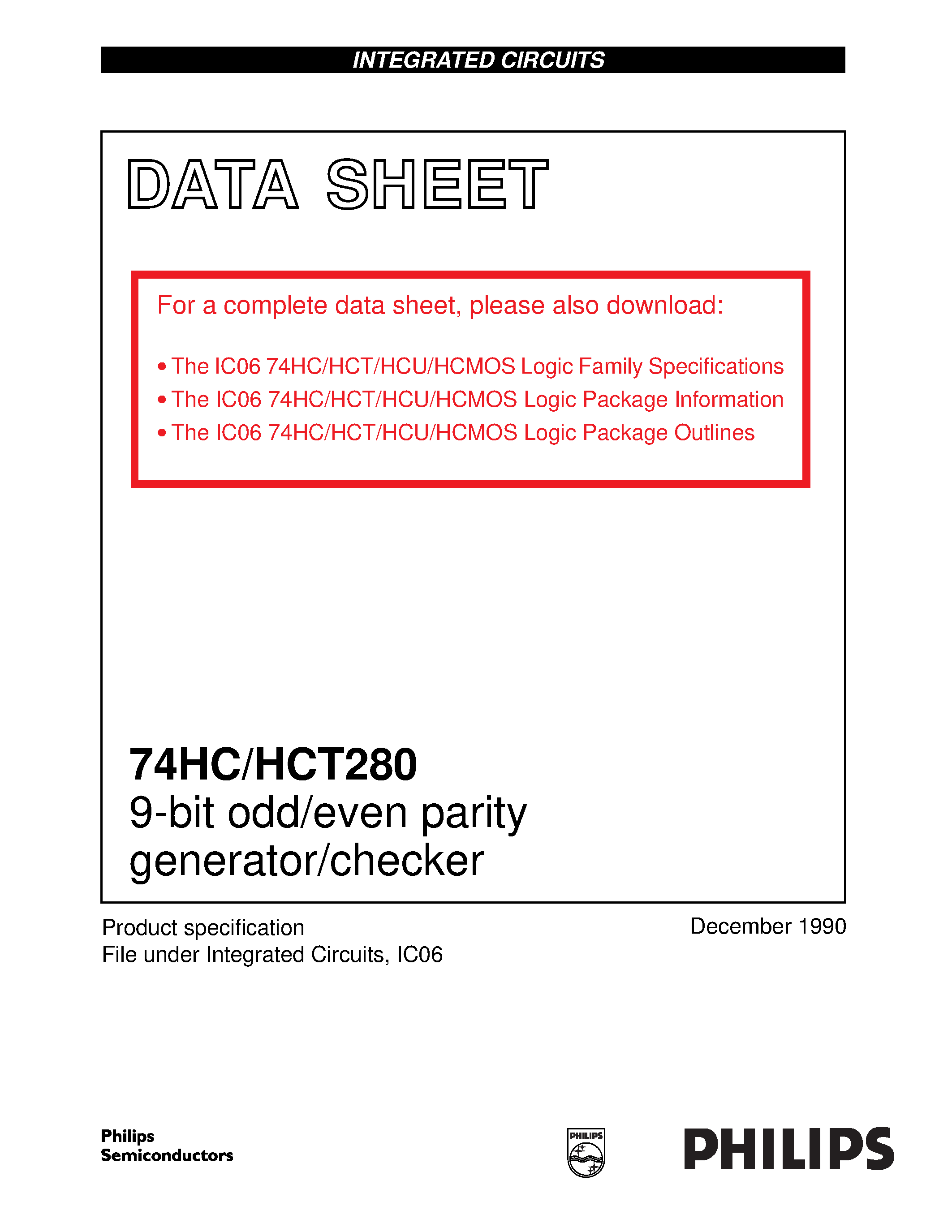 Datasheet 74HCT280 page 1 Datasheet 74HCT280 - 9-bit odd/even parity generator/checker page 1
