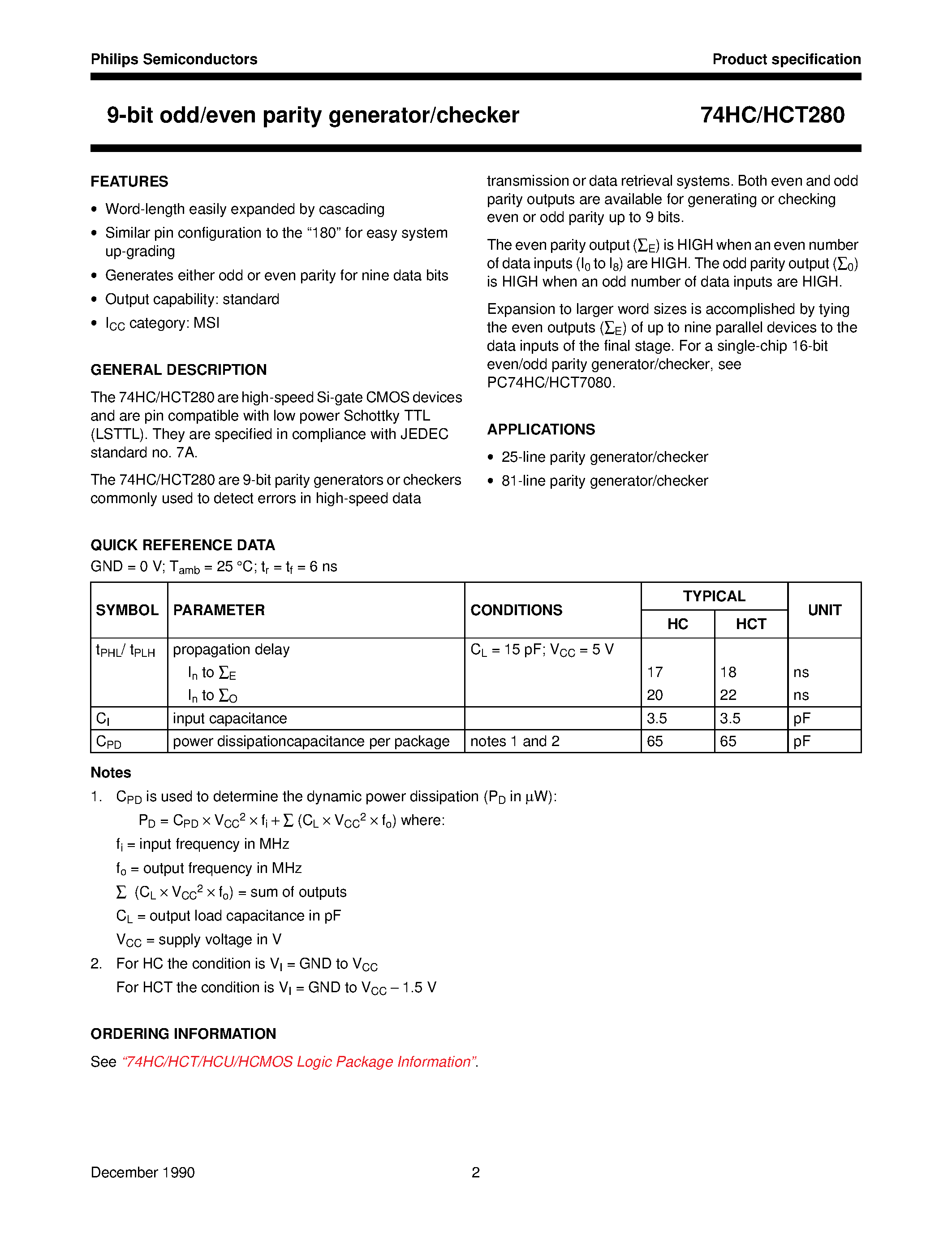 Datasheet 74HCT280 page 2 Datasheet 74HCT280 - 9-bit odd/even parity generator/checker page 2