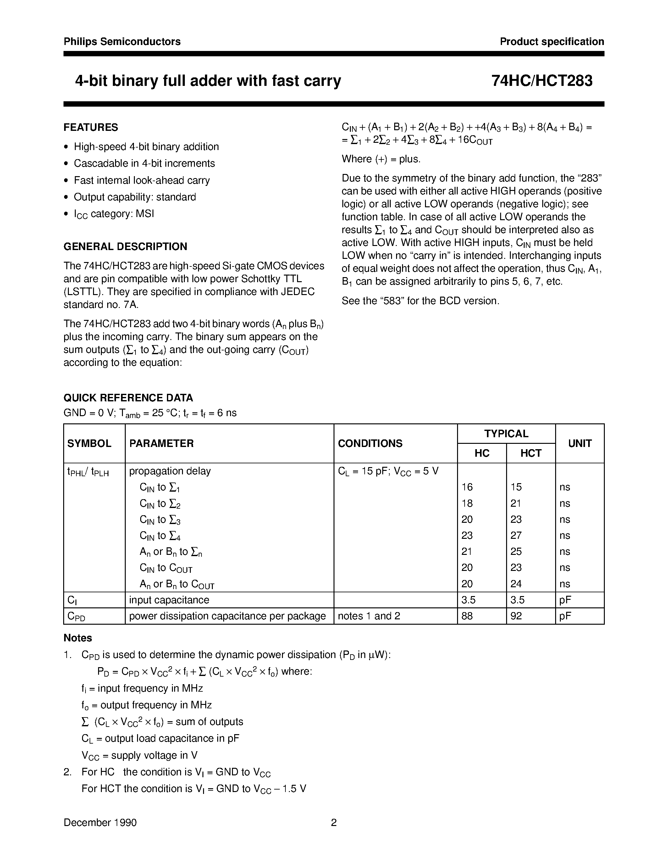 Datasheet 74HCT283 page 2 Datasheet 74HCT283 - 4-bit binary full adder with fast carry page 2