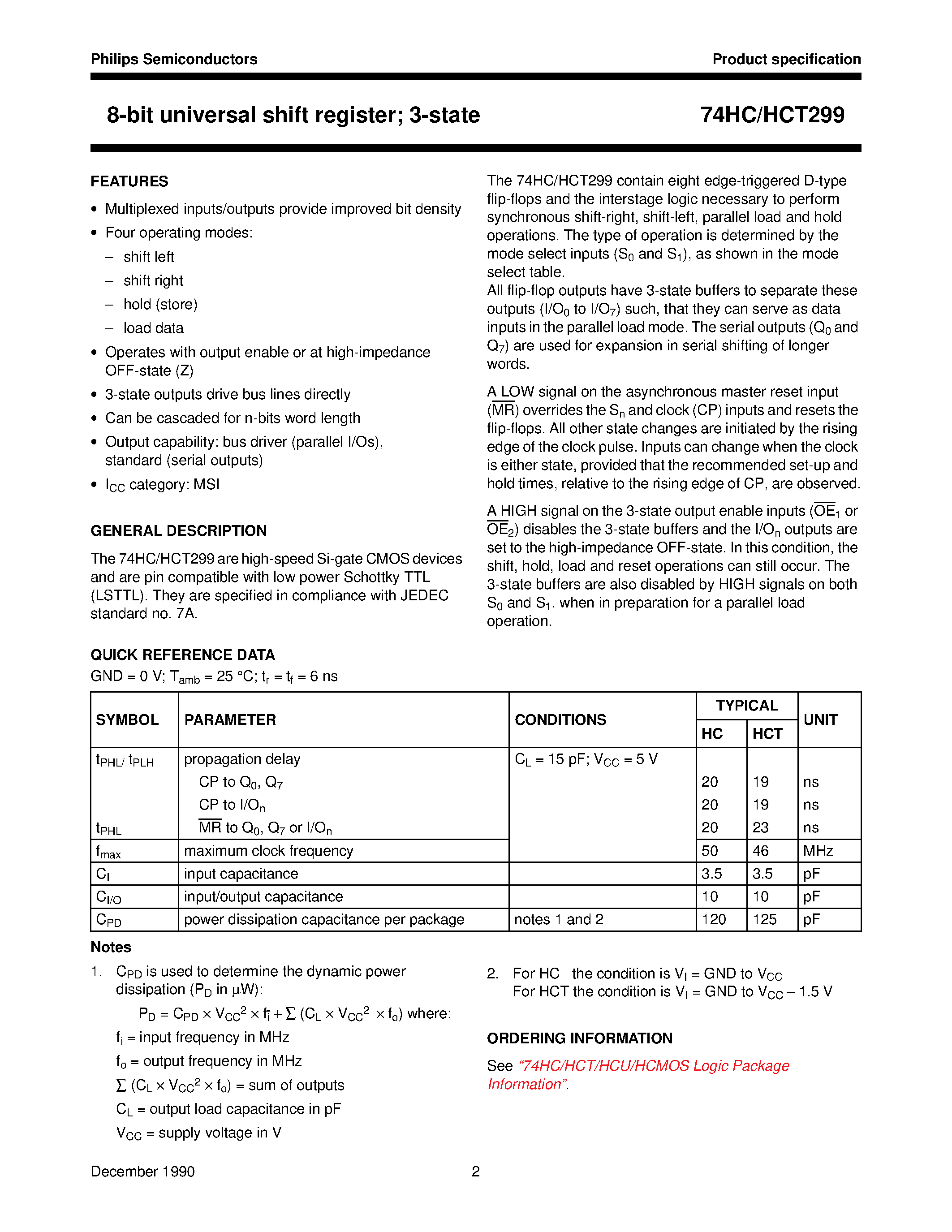 Datasheet 74HCT299 page 2 Datasheet 74HCT299 - 8-bit universal shift register; 3-state page 2
