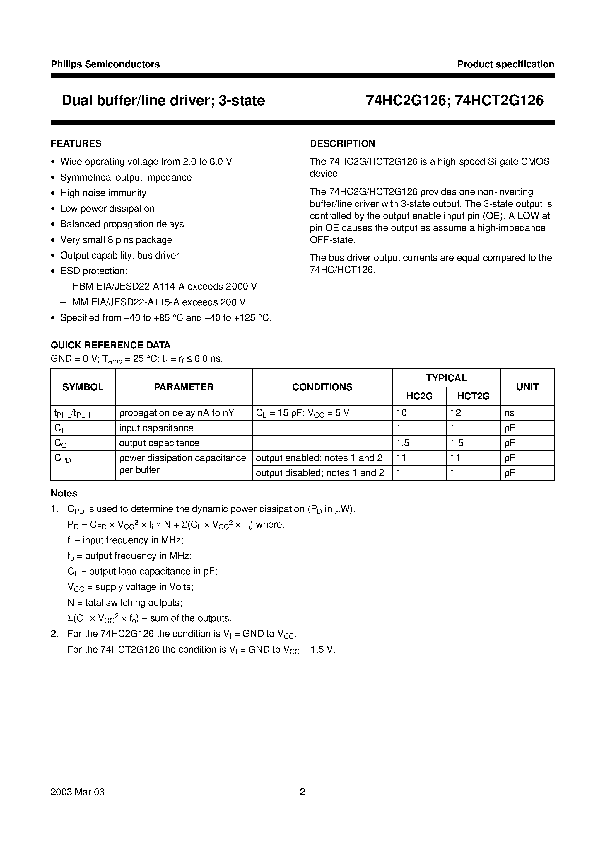 Datasheet 74HCT2G126DC page 2 Datasheet 74HCT2G126DC - Dual buffer/line driver; 3-state page 2
