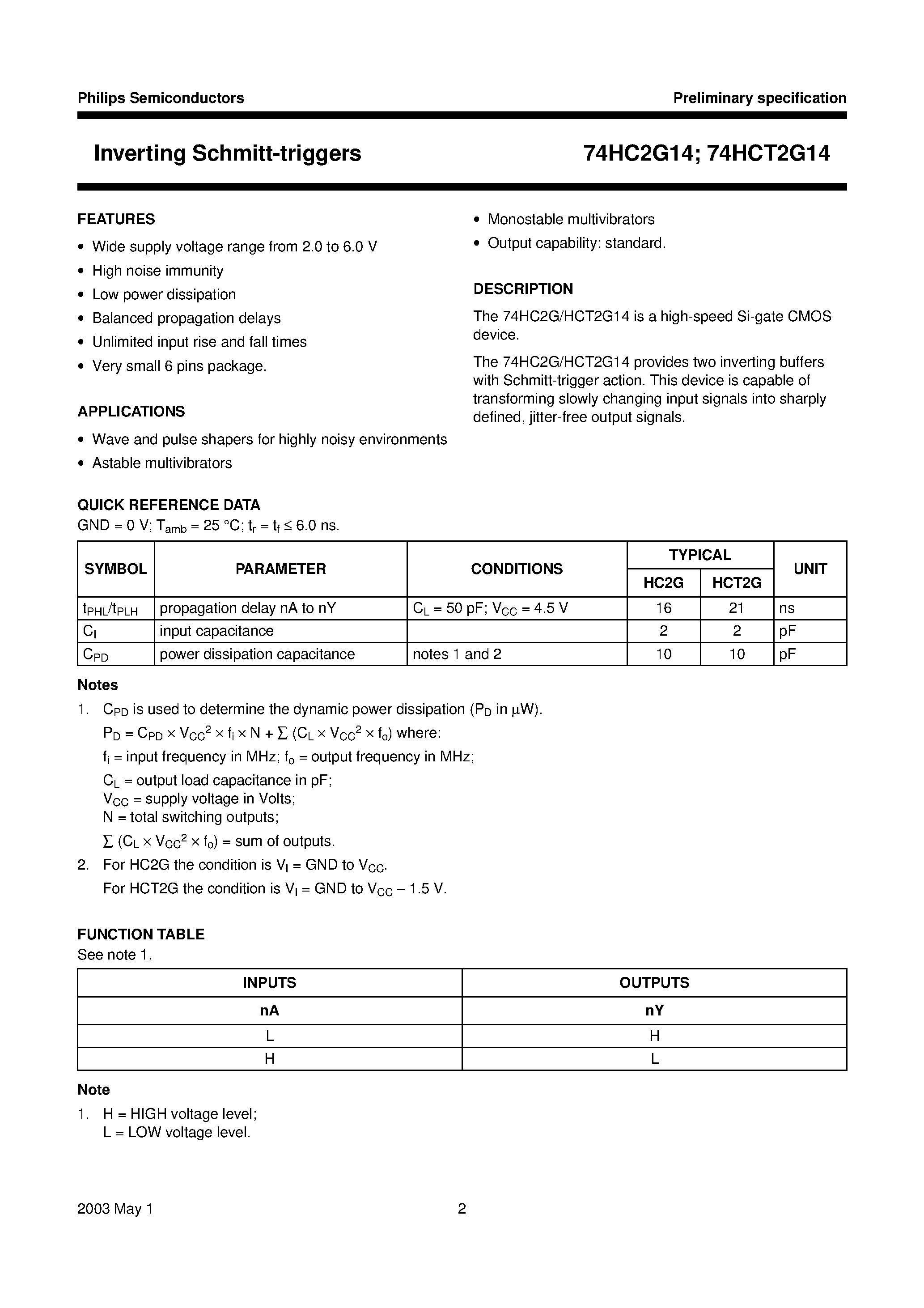 Datasheet 74HCT2G14GV page 2 Datasheet 74HCT2G14GV - Inverting Schmitt-triggers page 2