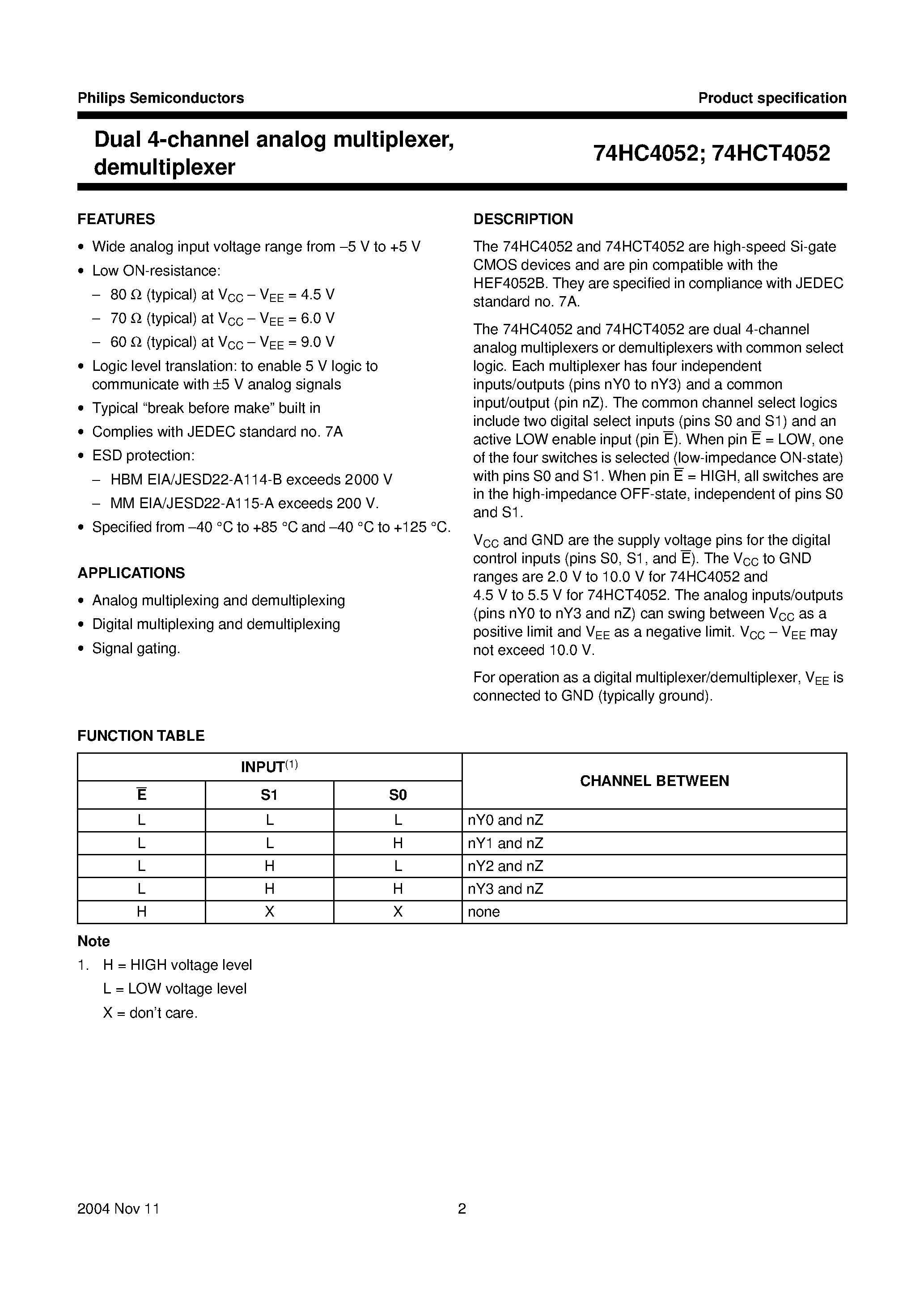 Datasheet 74HCT4052N page 2 Datasheet 74HCT4052N - Dual 4-channel analog multiplexer/ demultiplexer page 2