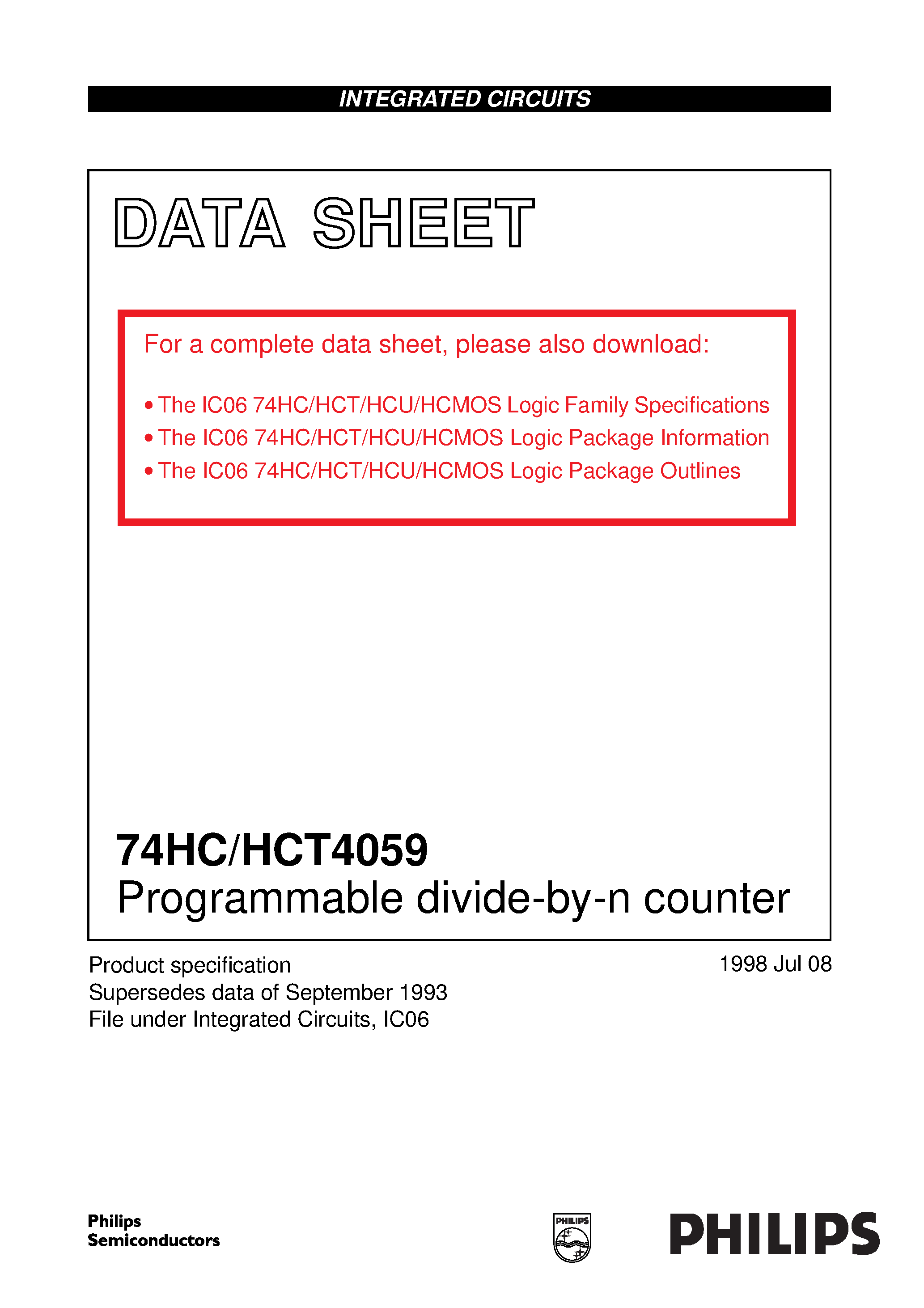 Datasheet 74HCT4059N page 1 Datasheet 74HCT4059N - Programmable divide-by-n counter page 1