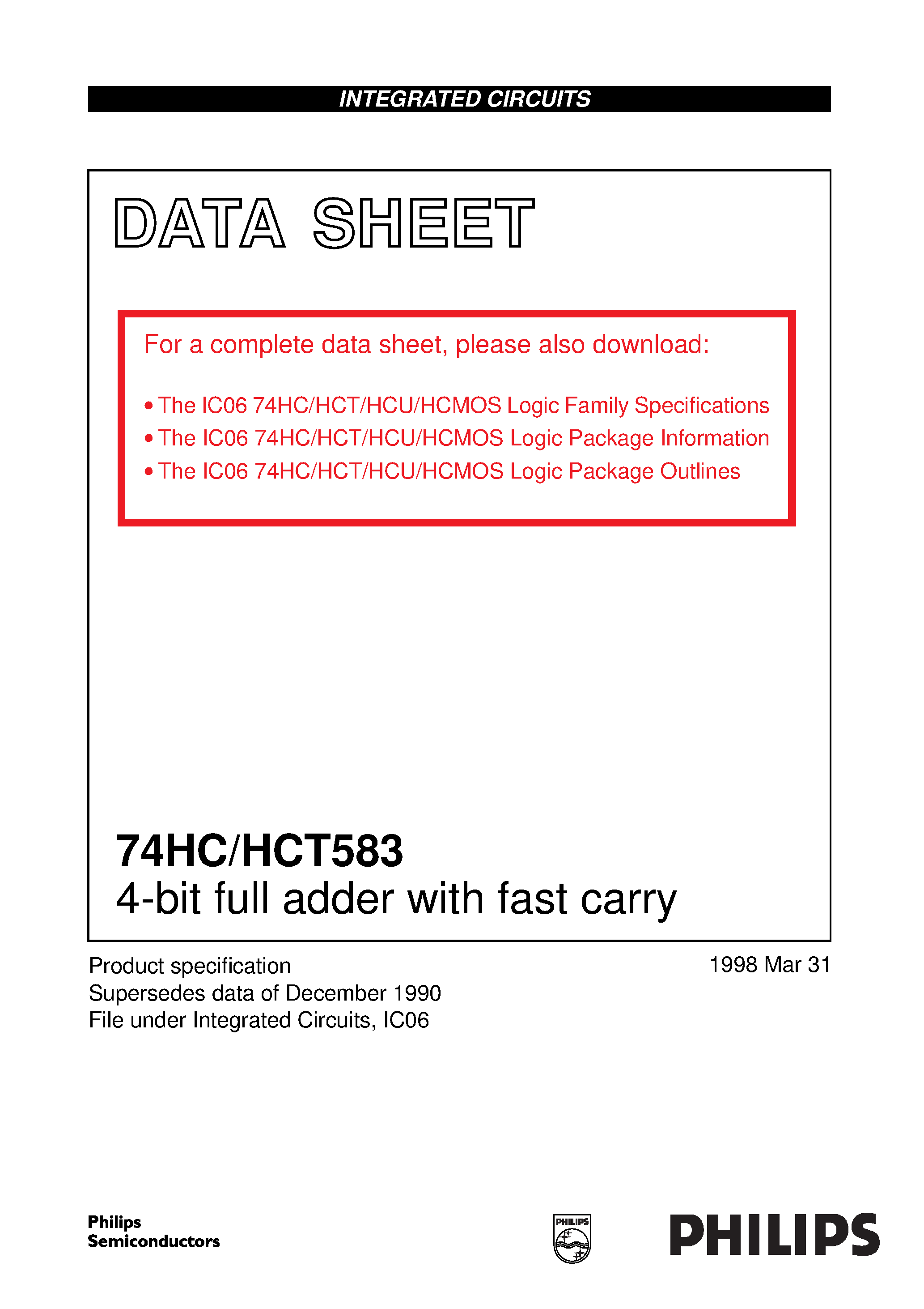 Datasheet 74HCT583 page 1 Datasheet 74HCT583 - 4-bit full adder with fast carry page 1