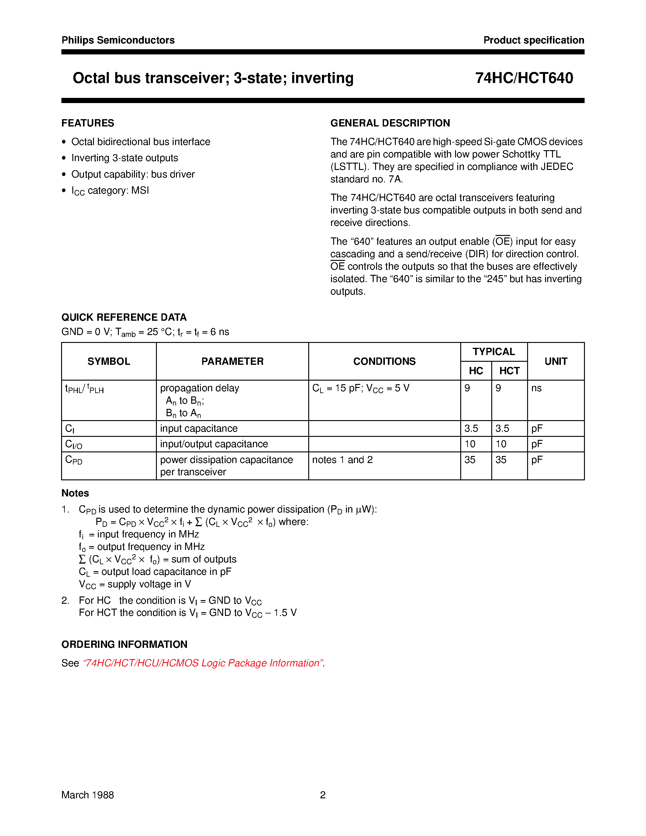 Datasheet 74HCT640 - Octal bus transceiver; 3-state; inverting page 2