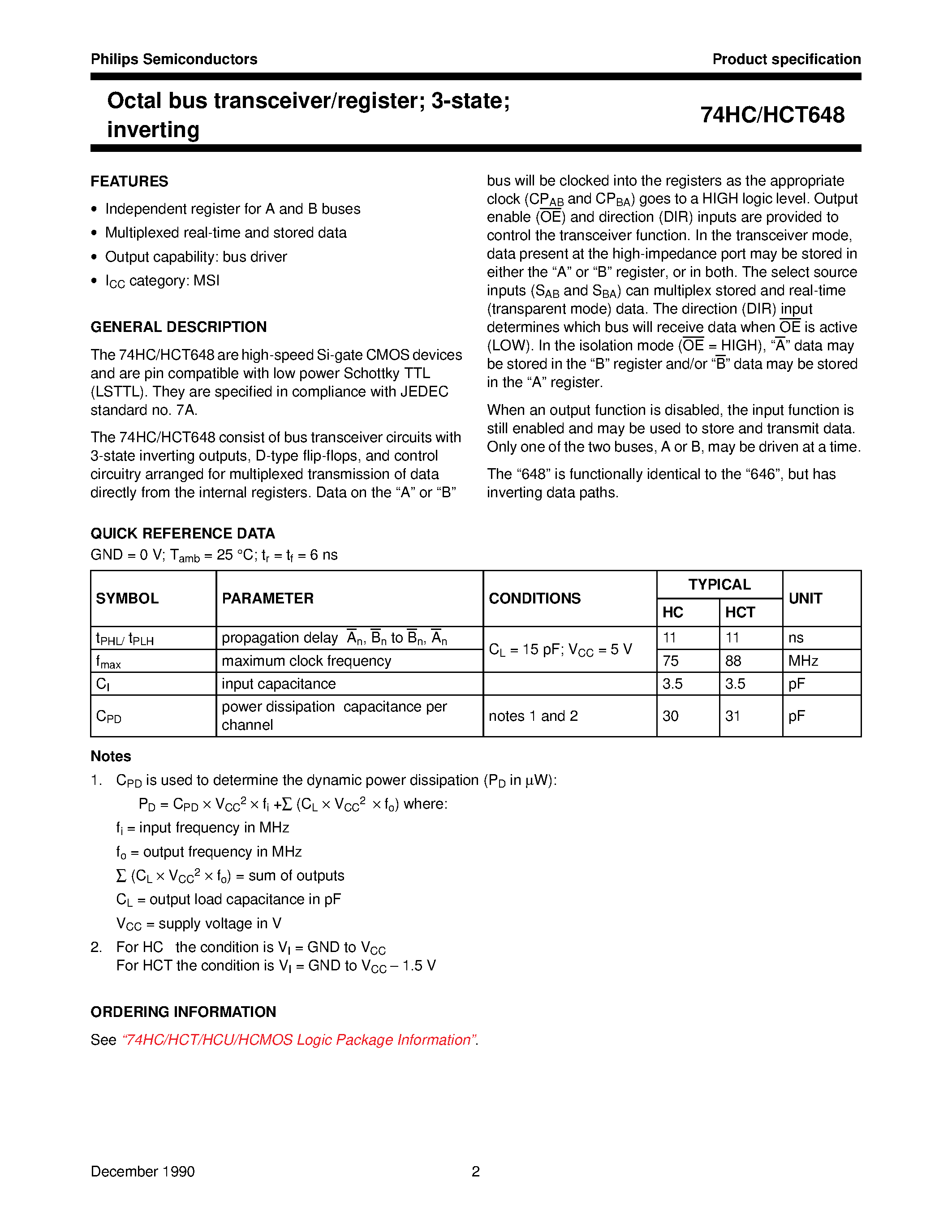 Datasheet 74HCT648 page 2 Datasheet 74HCT648 - Octal bus transceiver/register; 3-state; inverting page 2