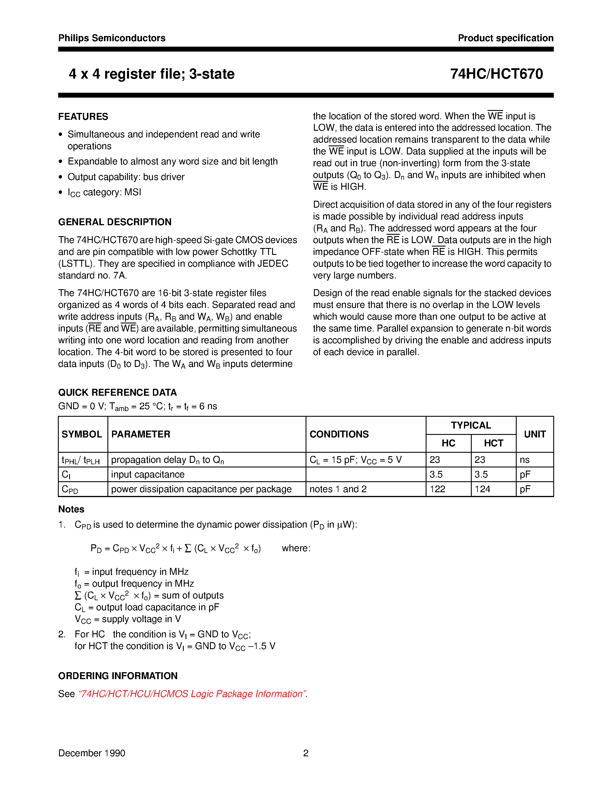 Datasheet 74HCT670 - 4 x 4 register file; 3-state page 2