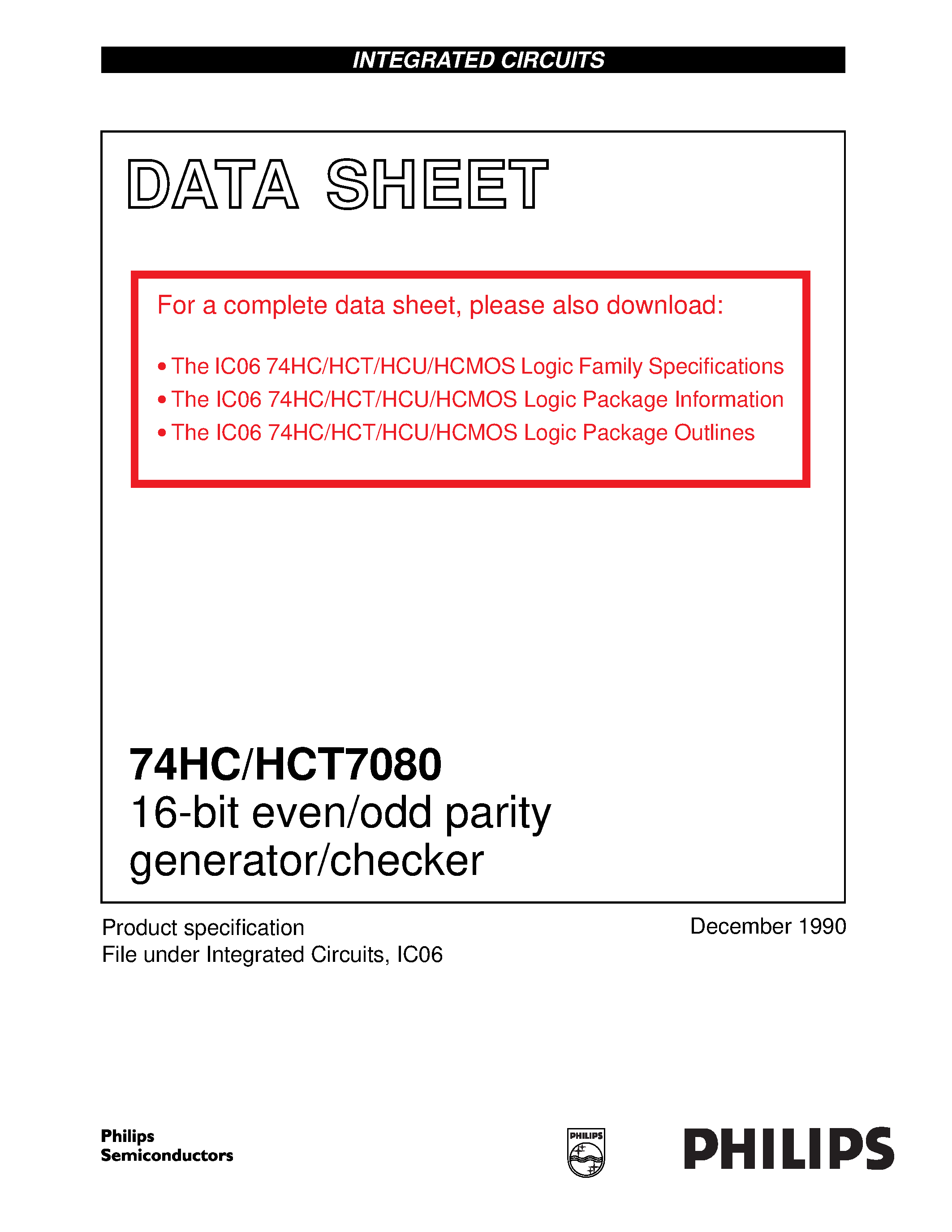 Datasheet 74HCT7080 - 16-bit even/odd parity generator/checker page 1