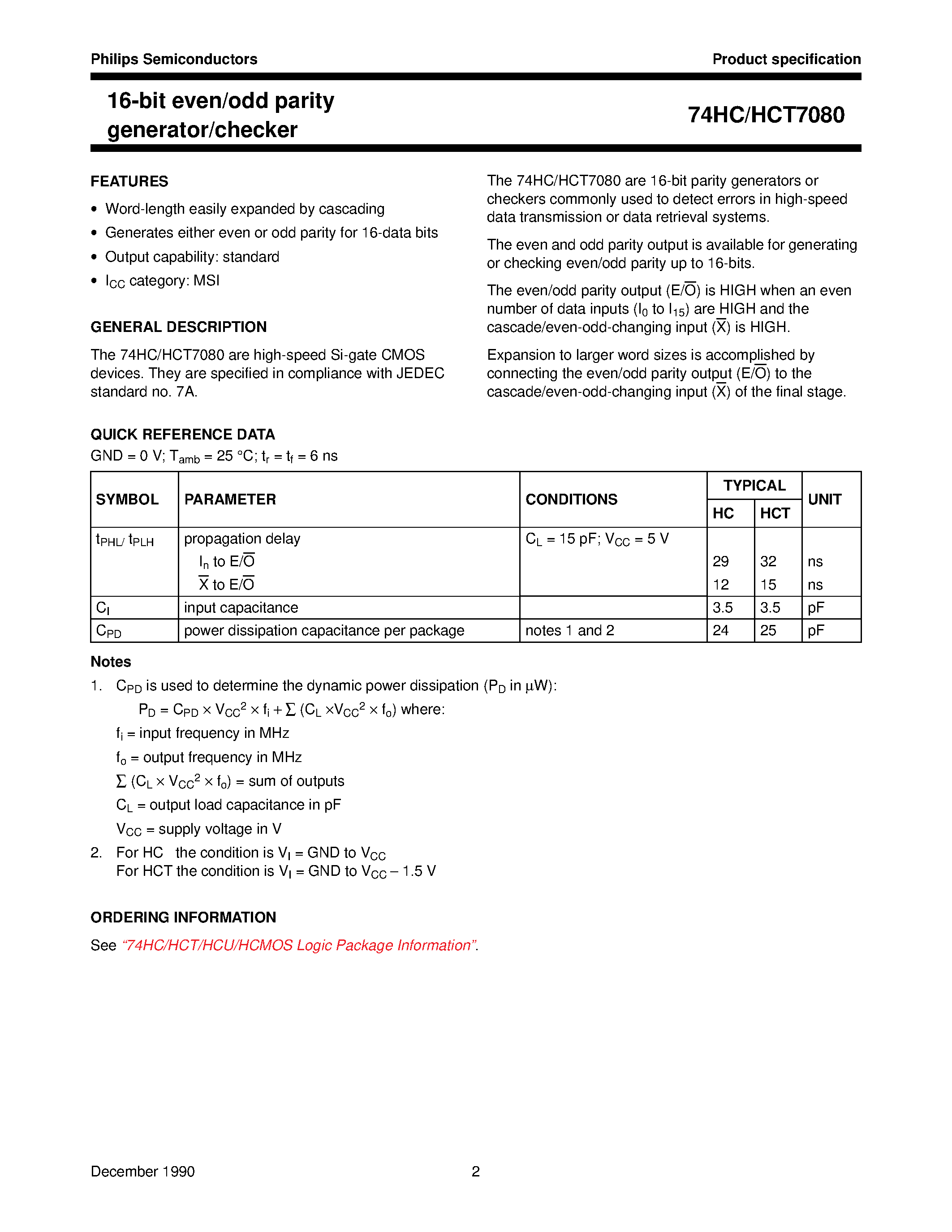 Datasheet 74HCT7080 - 16-bit even/odd parity generator/checker page 2