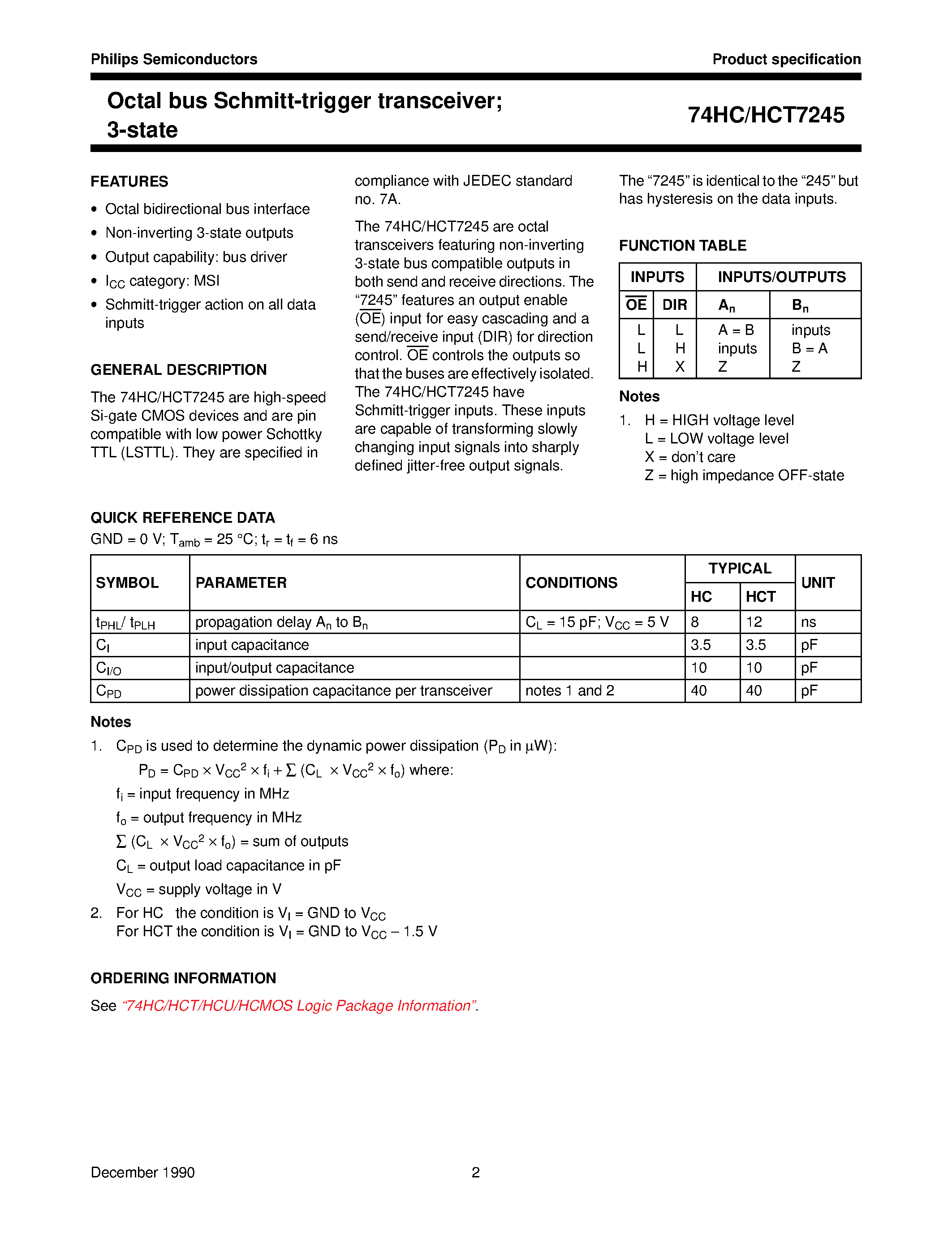 Datasheet 74HCT7245 - Octal bus Schmitt-trigger transceiver; 3-state page 2