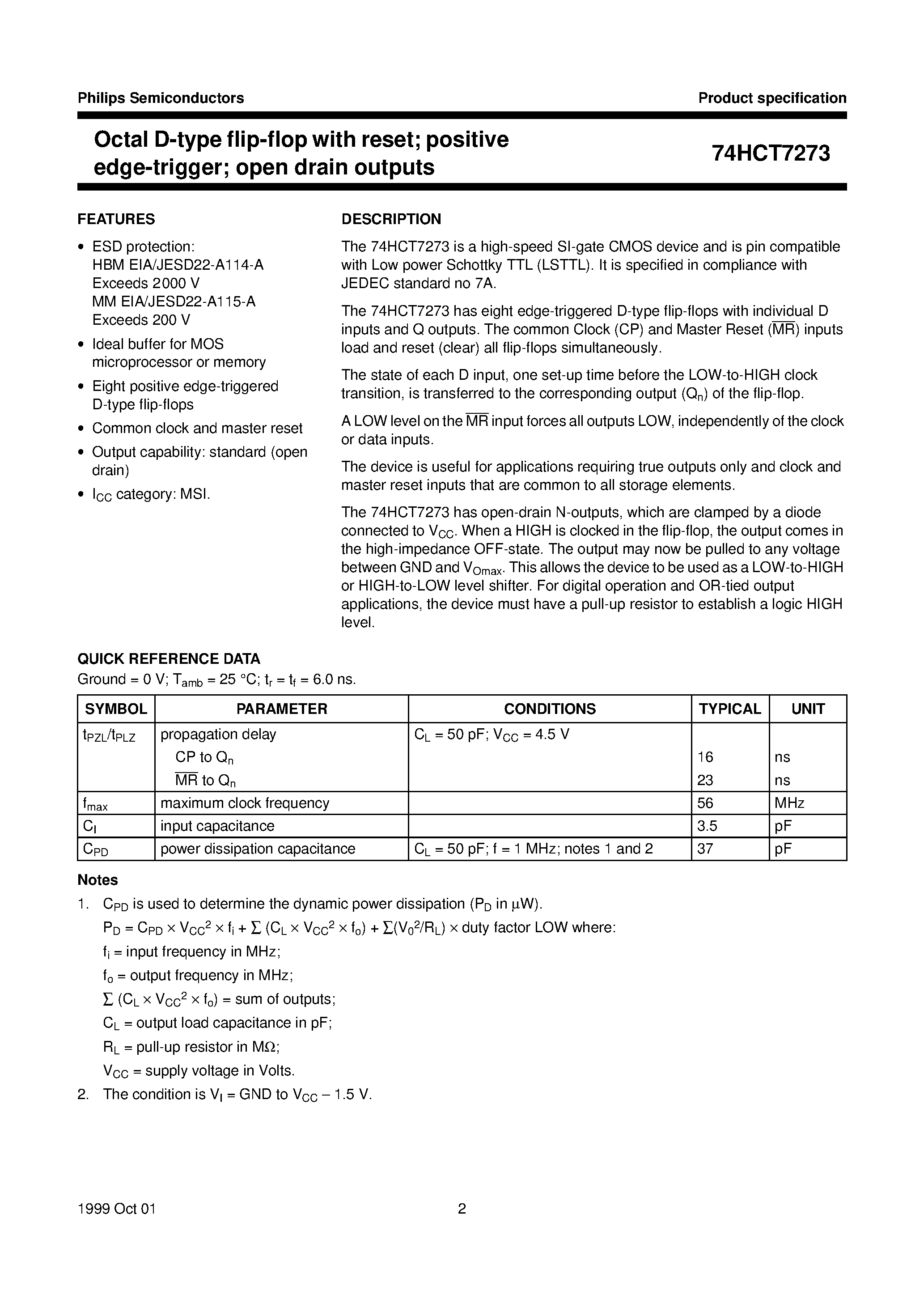 Datasheet 74HCT7273 - Octal D-type flip-flop with reset; positive edge-trigger; open drain outputs page 2
