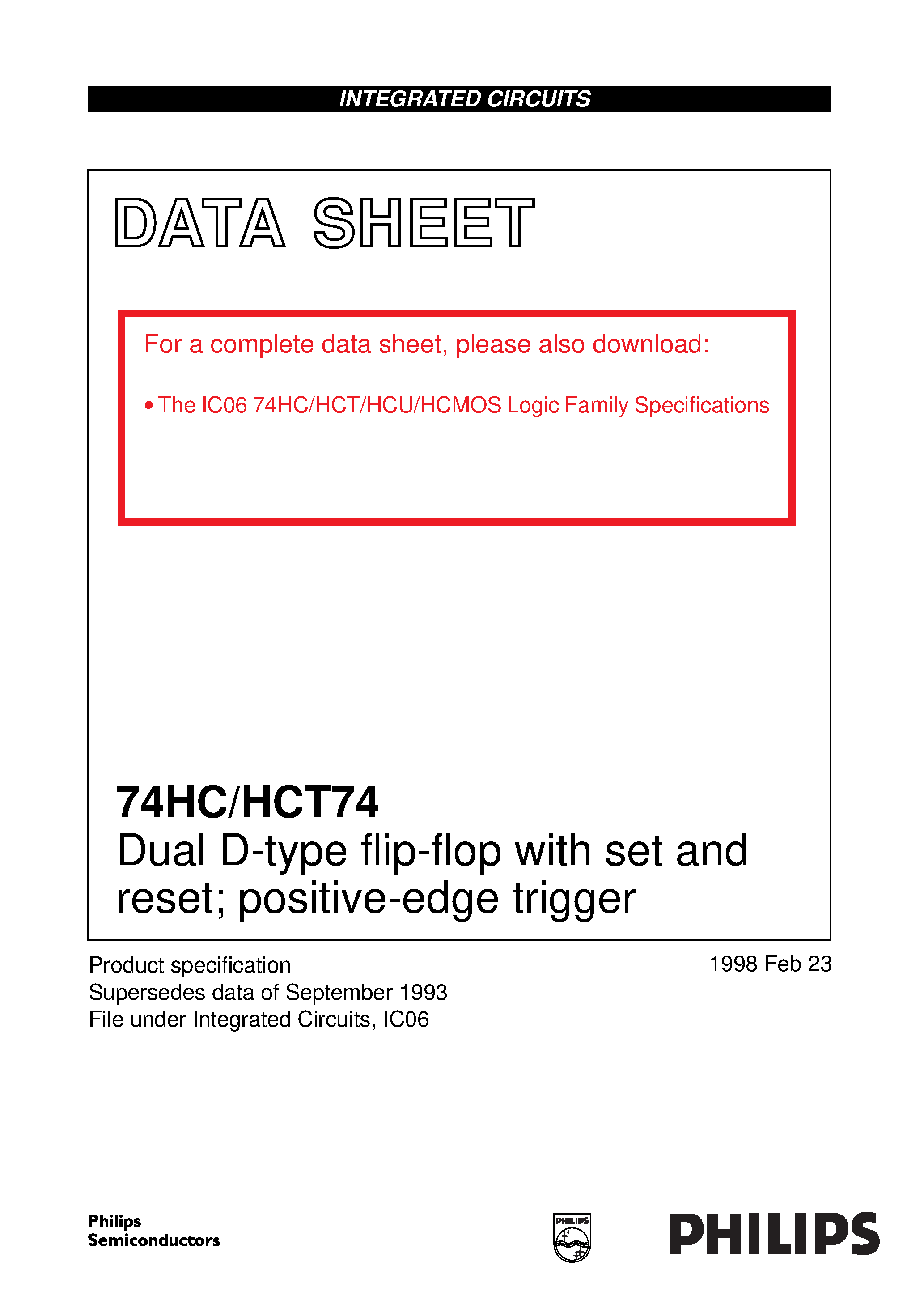 Datasheet 74HCT74 - Dual D-type flip-flop with set and reset; positive-edge trigger page 1