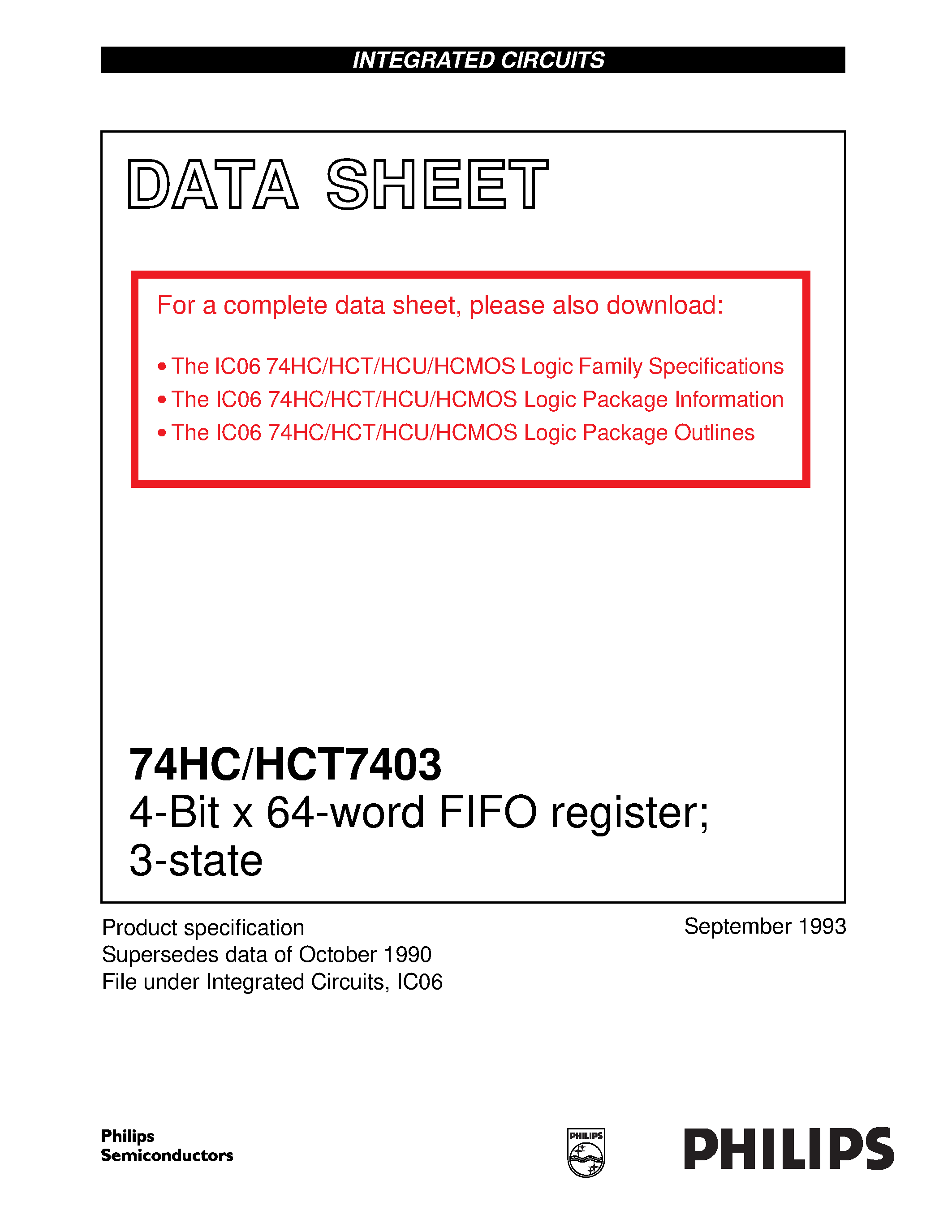 Datasheet 74HCT7403 - 4-Bit x 64-word FIFO register; 3-state page 1